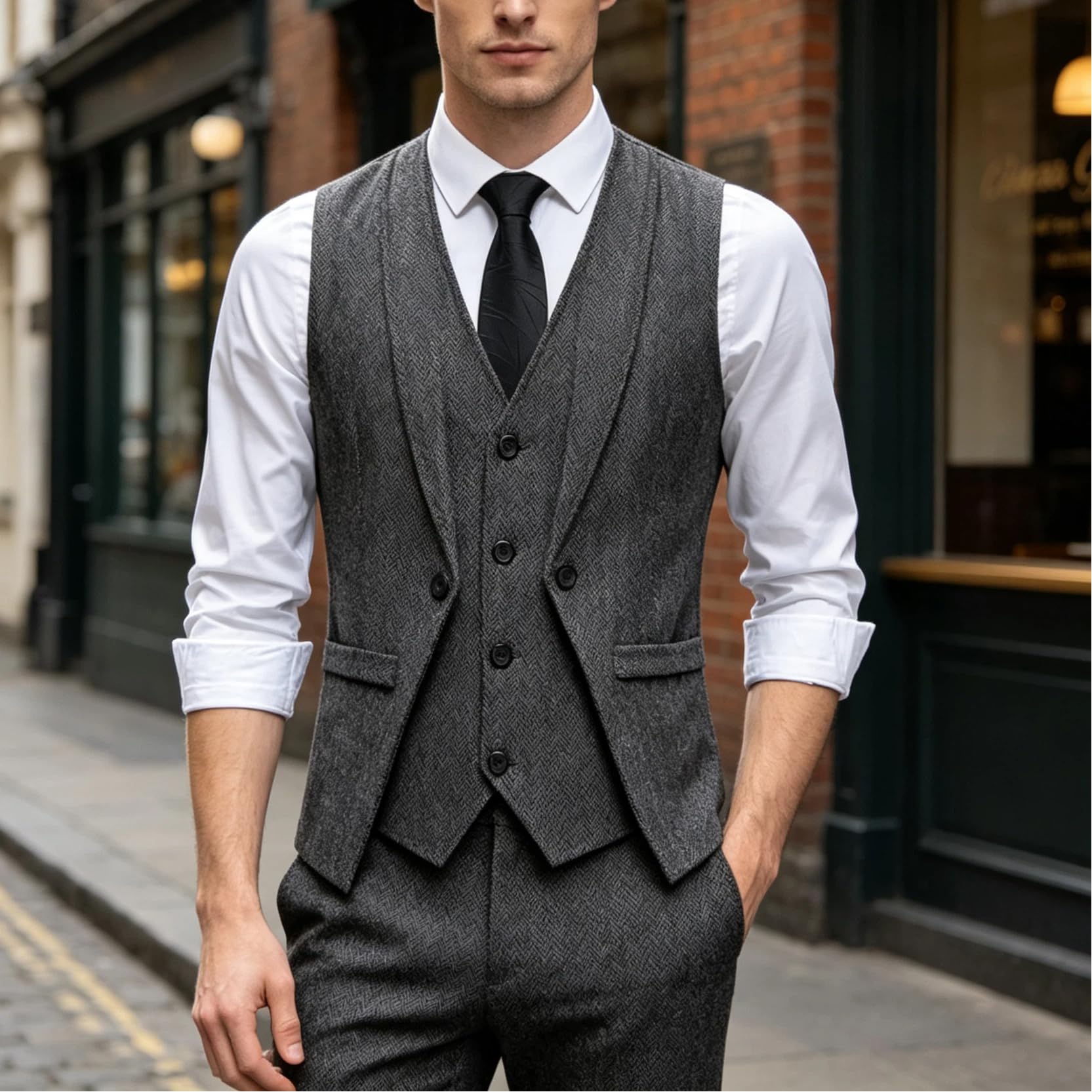 Generico Gilet Da Uomo In Tweed A Spina Di Pesce, Finto Completo A Due Pezzi, Con Tasche, Elegante Gilet Casual, Giacca Senza Maniche Vintage, Vestibilità Slim, Gilet Da Testimone Per Feste, Balli