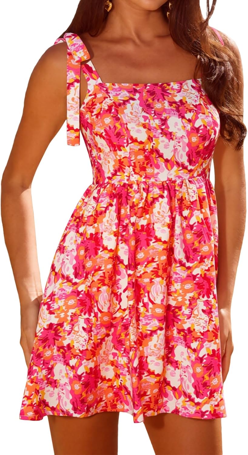 YUNDAI Women’s Floral Tie Shoulder Mini Dress Square Neck Summer Casual Sundress
