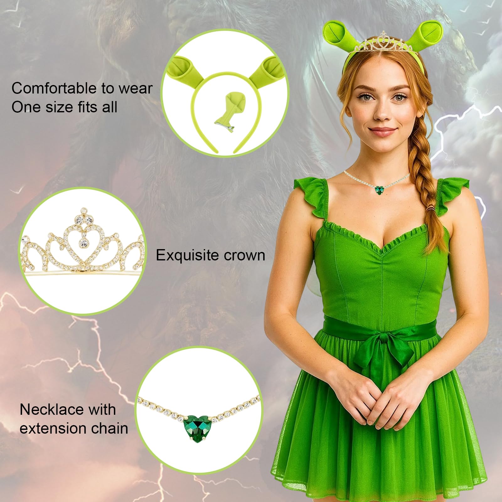 Green Headband, World Book Day Costumes, 5Pcs Cute Ears Headband Set including Crown, Necklace And Hair Clips - Image 3