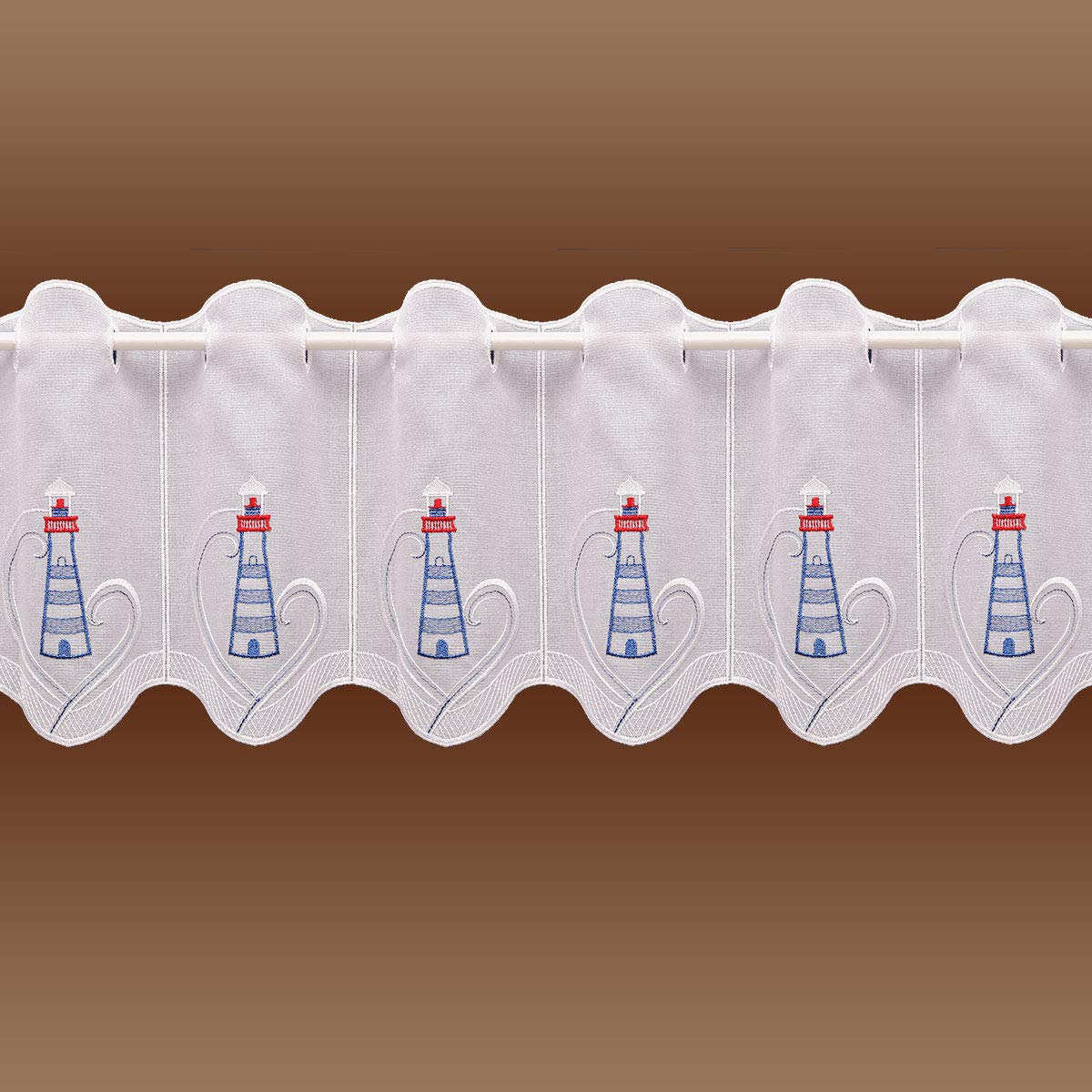 Maritime Scheibengardine Leuchturm mit Urlaubsmotiv Echte Vogtländischer Spitze Badgardine 30 x 160 cm