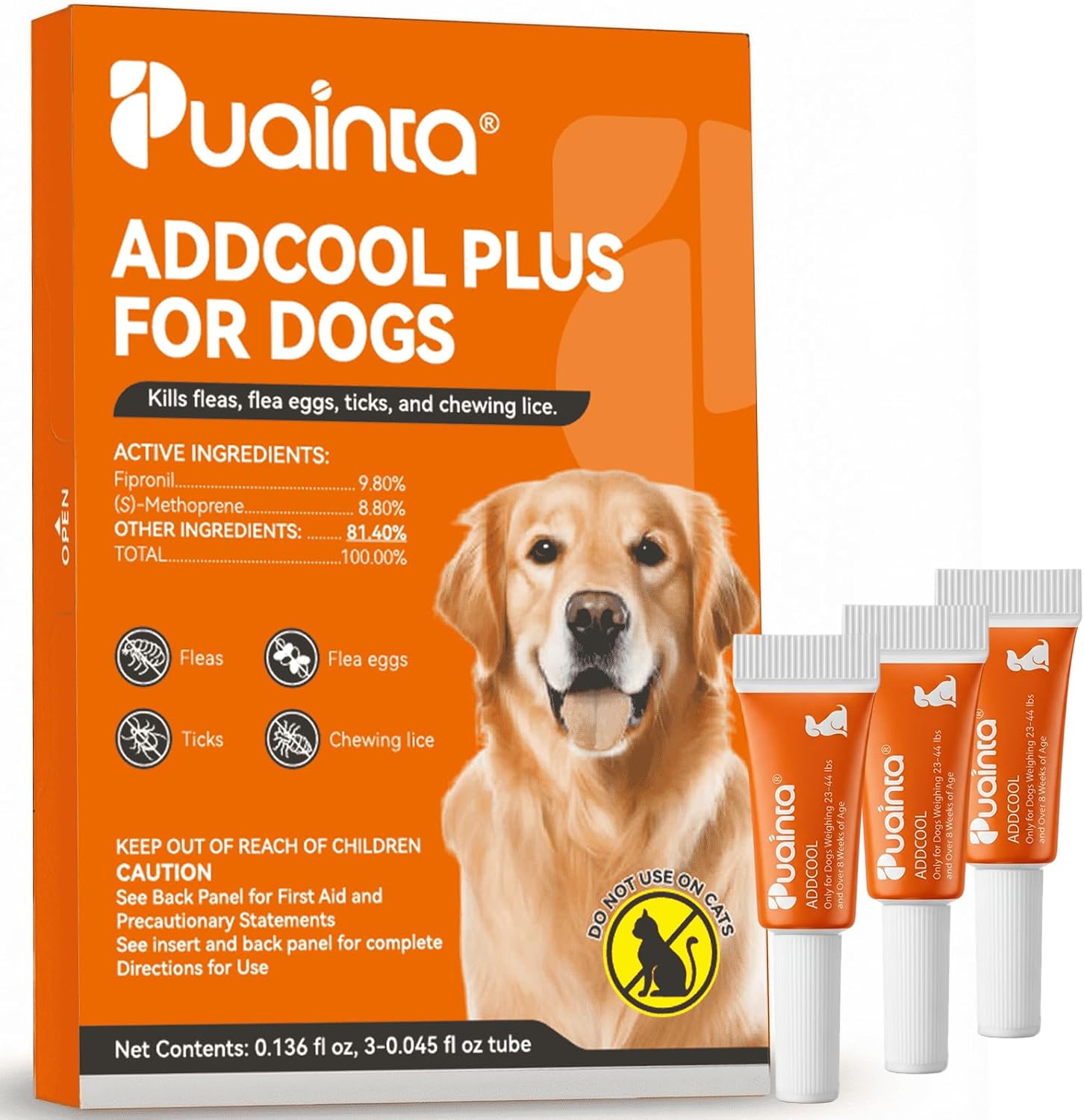PUAINTA Addcool Plus Flea and Tick Prevention for Medium Dogs (23-44 lbs), Professional Topical Treatment, 3 Monthly Doses, Fast-Acting Waterproof Dog Flea Drops