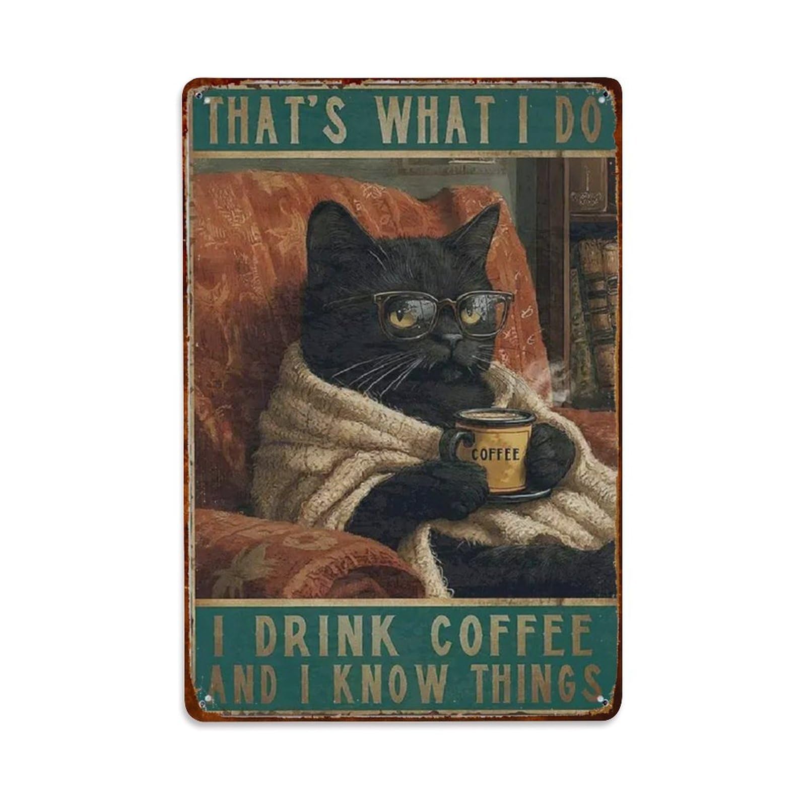 Rkundrne Vintage Black Cat That's What I Do I Drink Coffee And I Know Things Metal Tin Sign Garden Bedroom Cafe Bar Man Cave Home Wall Decor Metal Poster 8X12 In