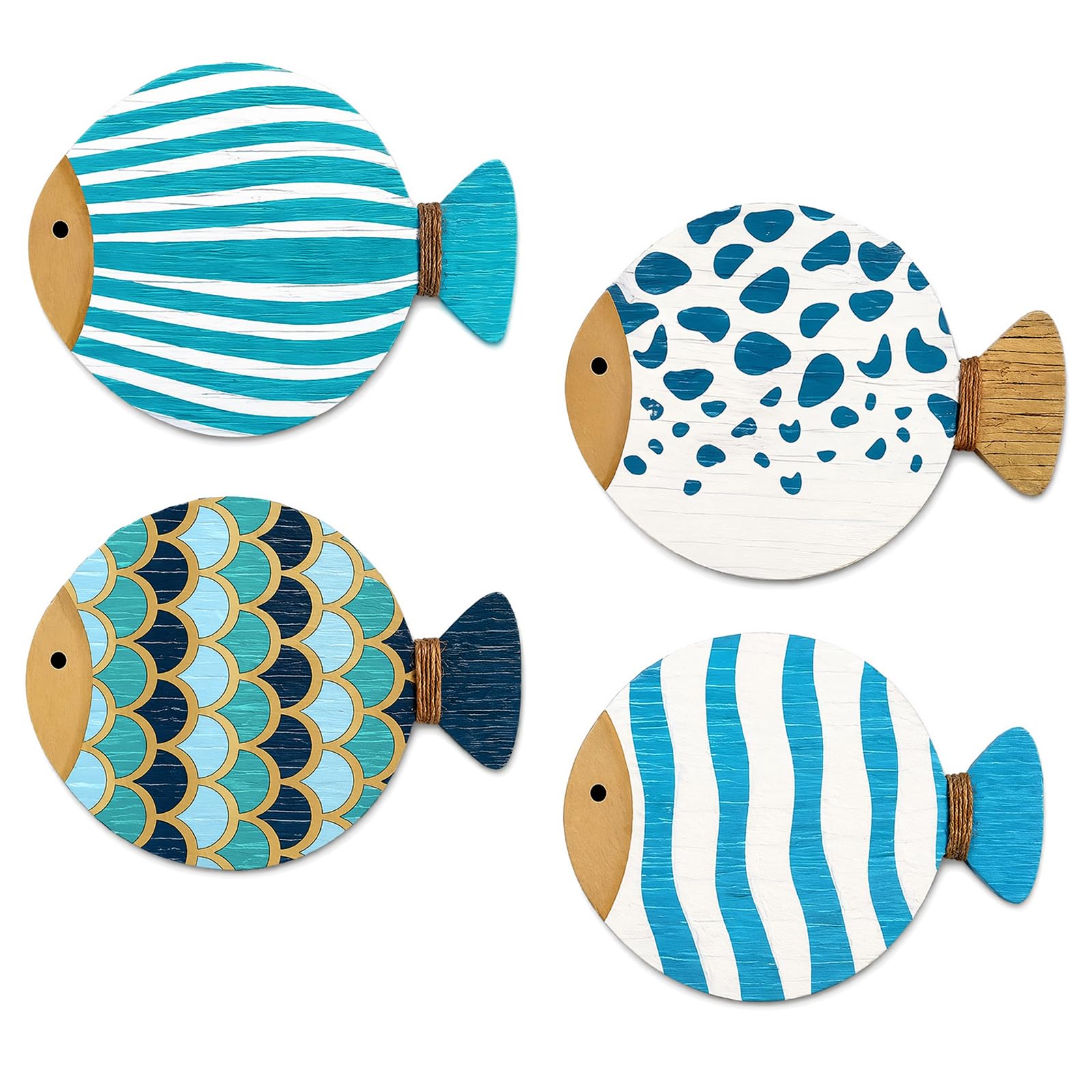 ACnuov bathroom wall decor, 4pcs Wooden Fish Wall Art Set