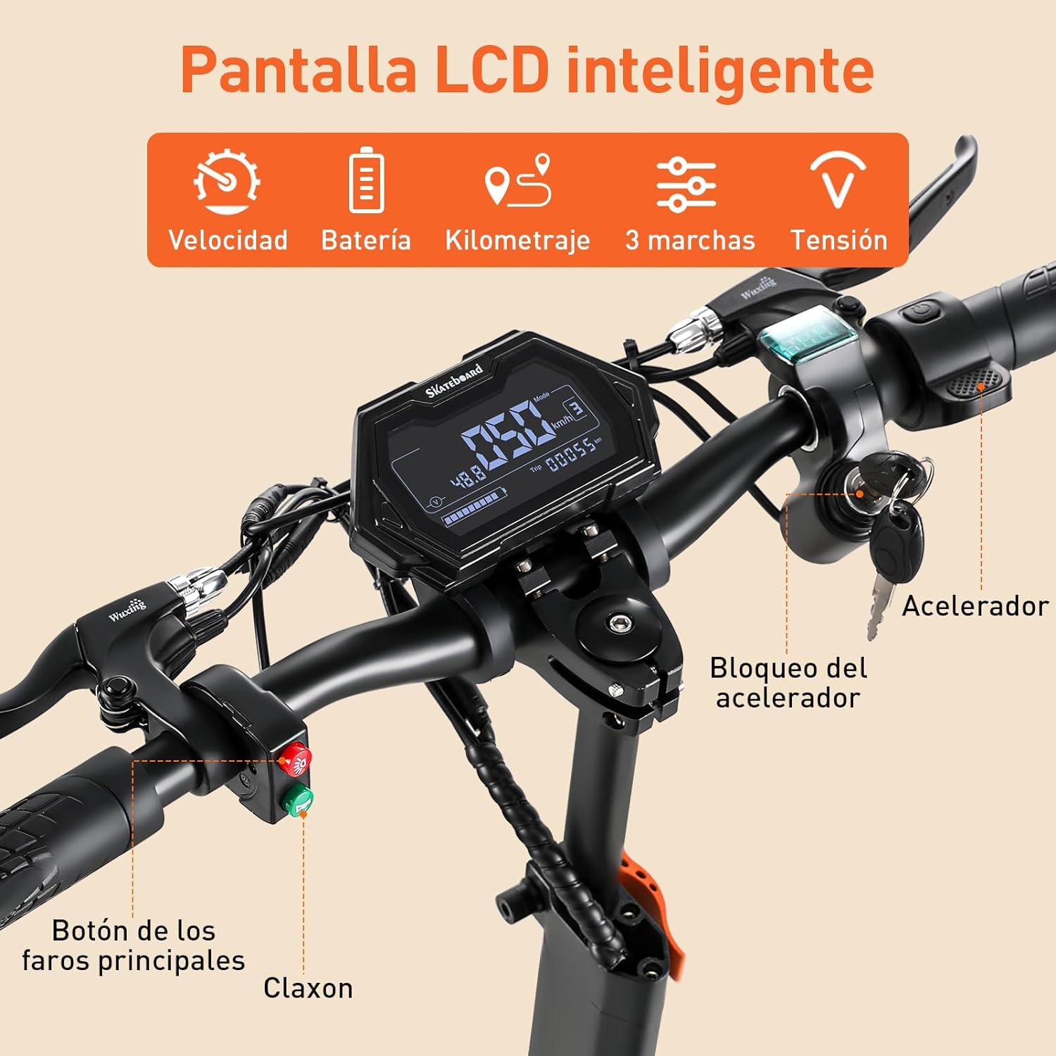 Close-up of the HONEYWHALE H3's intelligent LCD display and handlebar controls, including accelerator, headlight button, and horn