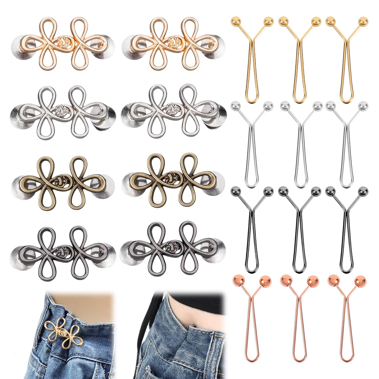 FUSDNW 20 Pcs Waist Tightener Clips, Metal Jean Tightening Clips, Adjustable Jean Pins for Loose Jeans Pants Trousers Skirts Sleeves Clothing, Gap Reducer Tightening Clip