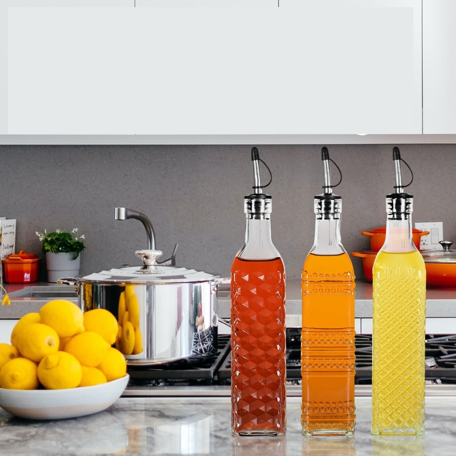Juego de dispensador automático de vinagre de aceite, 3 botellas de condimento de cocina con función de apertura y cierre fácil, perfecto para cocinar y aderezar, ollas de aceite y vinagre