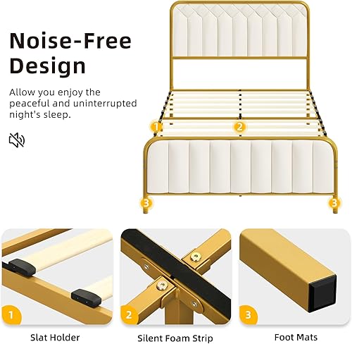 Miniatura 6 de DWVO Base de cama tapizada de tamaño matrimonial con cabecero, base de colchón de metal resistente de 14 pulgadas con listones de madera,