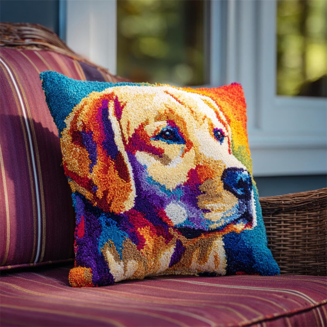Kitquiver O Animal Latch Hook Craft Kits Labrador Retriever Portrait Diy Latch Hook Kit Cushion Home Decor Embroidered Pillow Kits,Beginner Adult Embroidery Set 17X17in