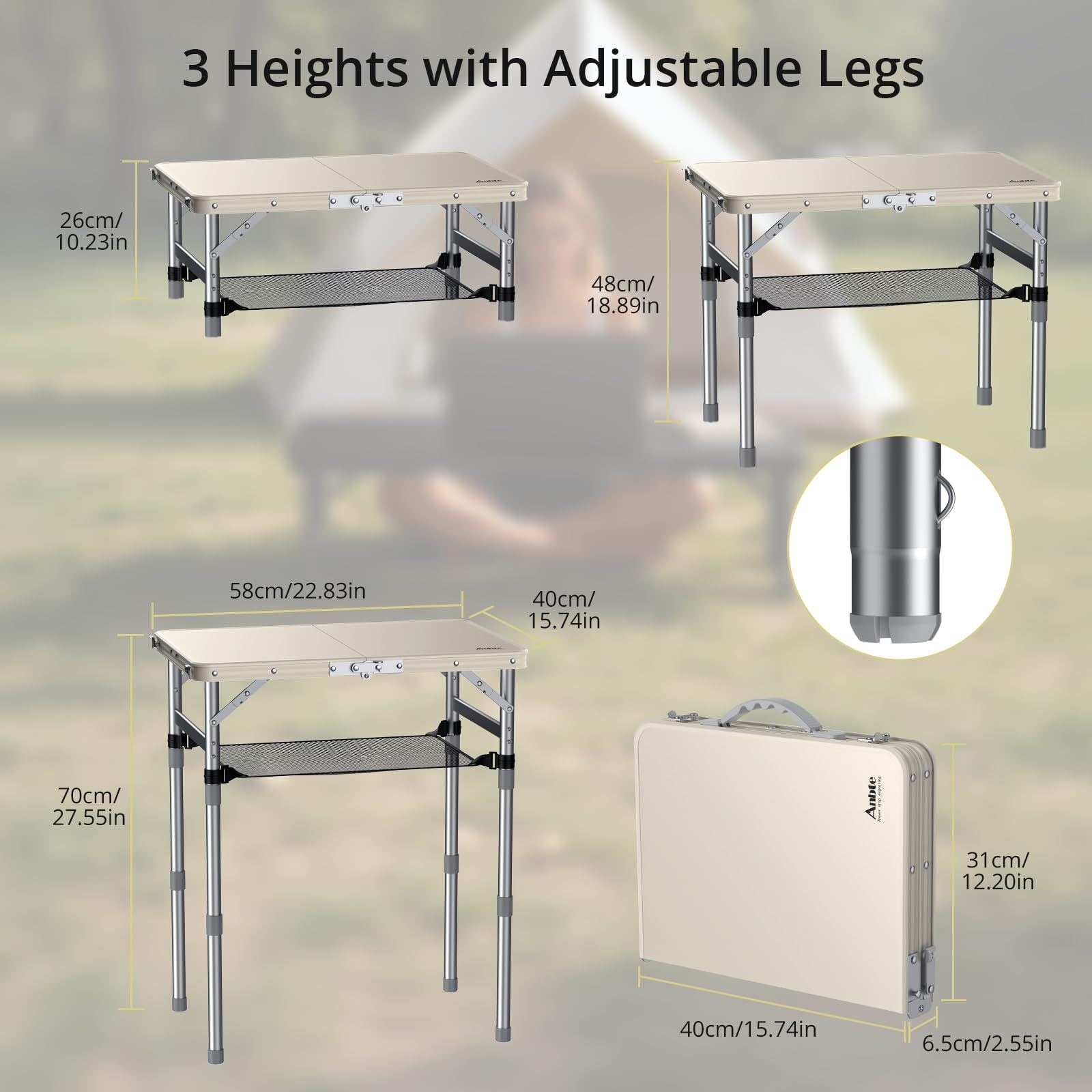 Anbte Table Pliante 58x40x26/48/70cm, 3 Hauteurs Réglables, Argent et Beige | Plateau en Plastique Étanche, Cadre en Aluminium, Facile à Nettoyer, Table légère pour Camping, Jardin, Terrasse, Intérieur