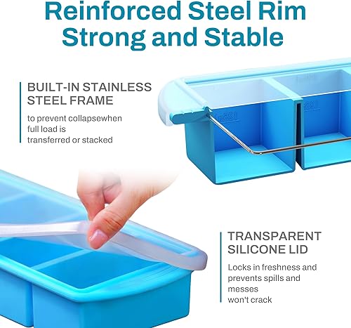 Miniatura 4 de QUELIEN Bandeja de silicona azul para congelador con tapa, molde de porción de 1 taza para sopa, comida de bebé, caldo y cazuelas, recipiente
