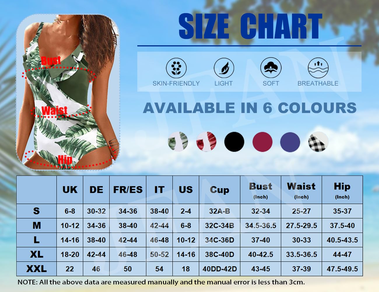 JFAN Costume da Bagno Intero Donna con Scollo A V Volant Stampa A Foglie Costumi da Mare Controllo della Pancia Un Pezzo