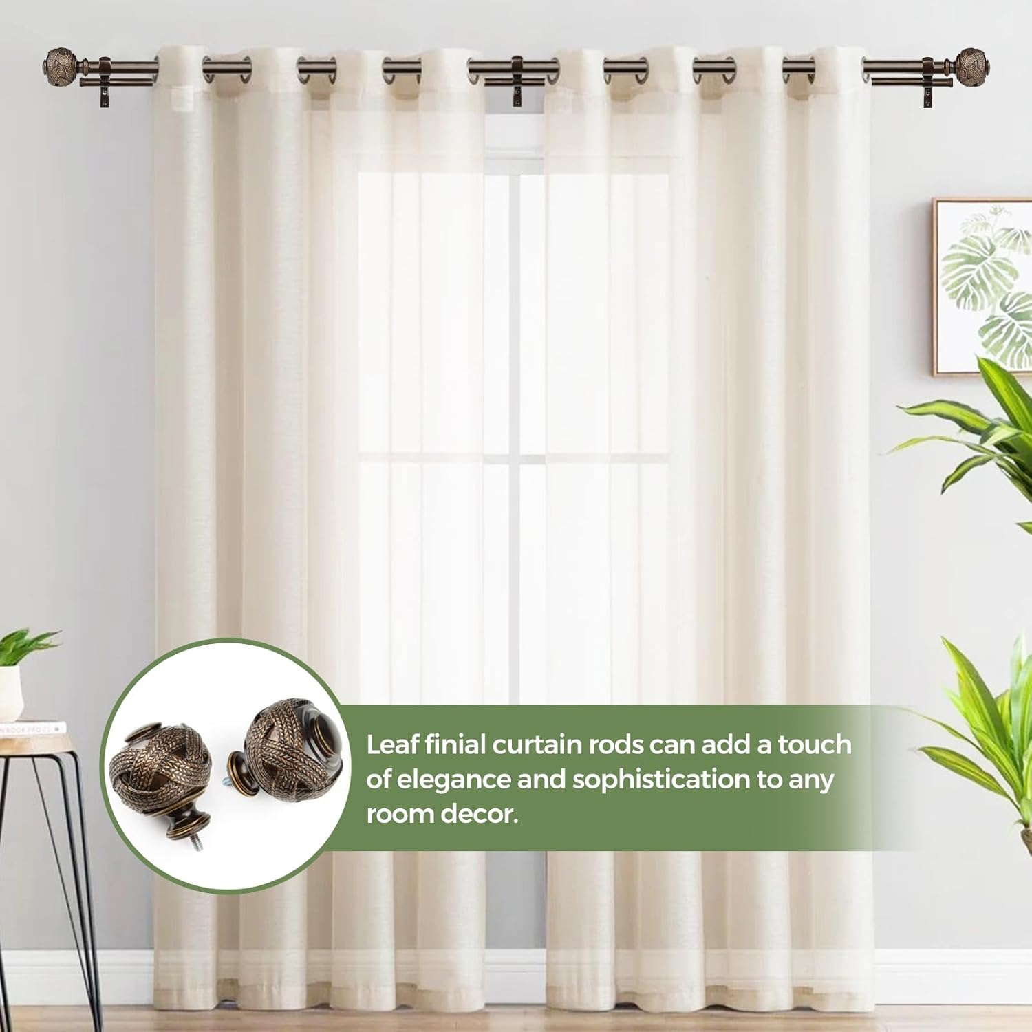 Double Curtain Rods 72 to 144 Inches and 2 Pack Bronze Curtain Holdbacks with Leaf Finials, Bronze Drapery Rods for Windows, Decorative Window Drapery Tiebacks(bundles)