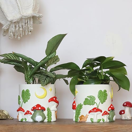 Miniatura 2 de GUGUGO Macetas de jardín de ranas, bonita maceta única con drenaje, macetas pequeñas de hongos coloridos arcoíris para plantas de interior,