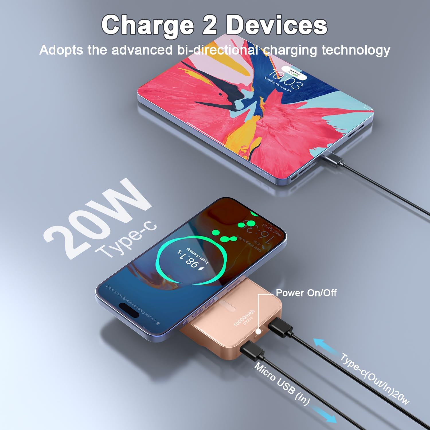 Matast DY210 power bank simultaneously charging two devices, one wirelessly and one via USB-C cable.