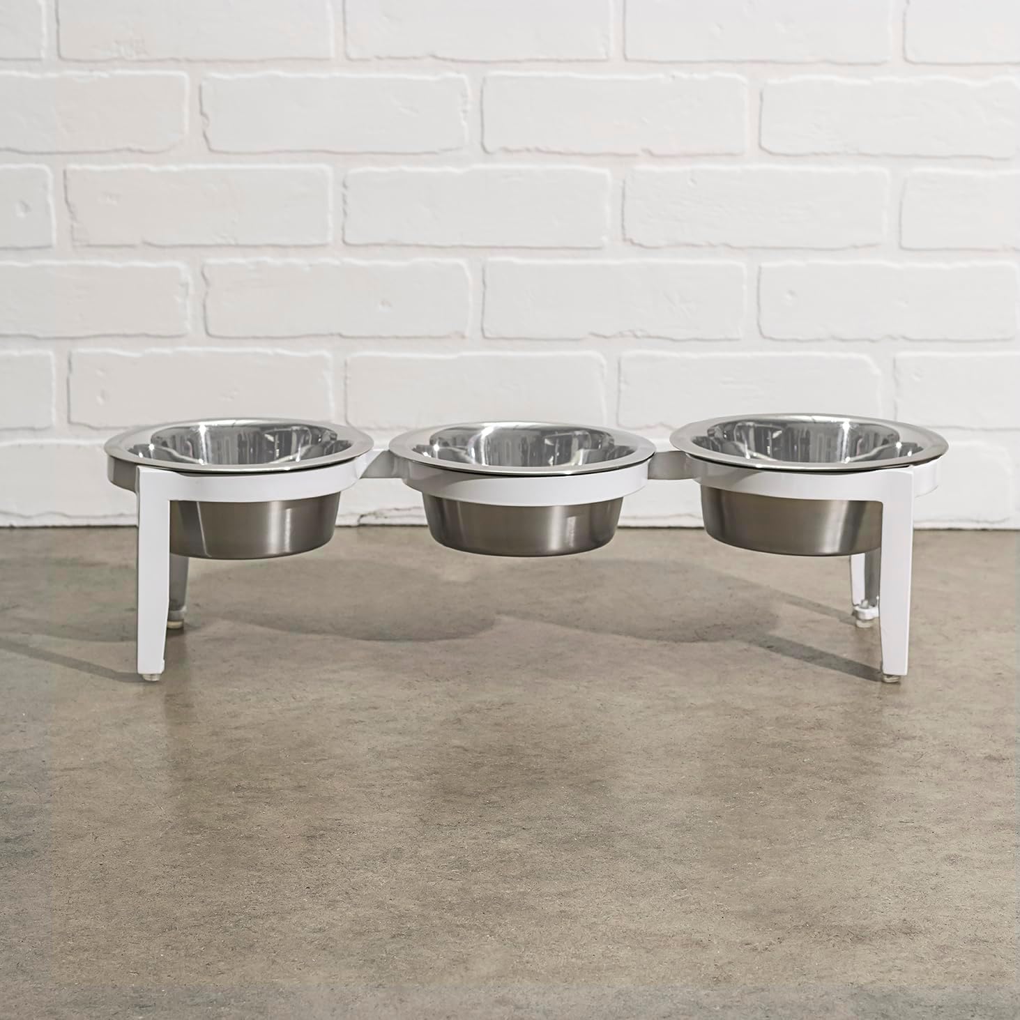 NMN Designs Vision Triple Diner - 3 Bowl Dog Feeder - Small to Medium Dogs - Multi-Dog Feeding Station - UV Weather Resistant - No Noise - Indoor/Outdoor (White, Medium - 7" Ht)