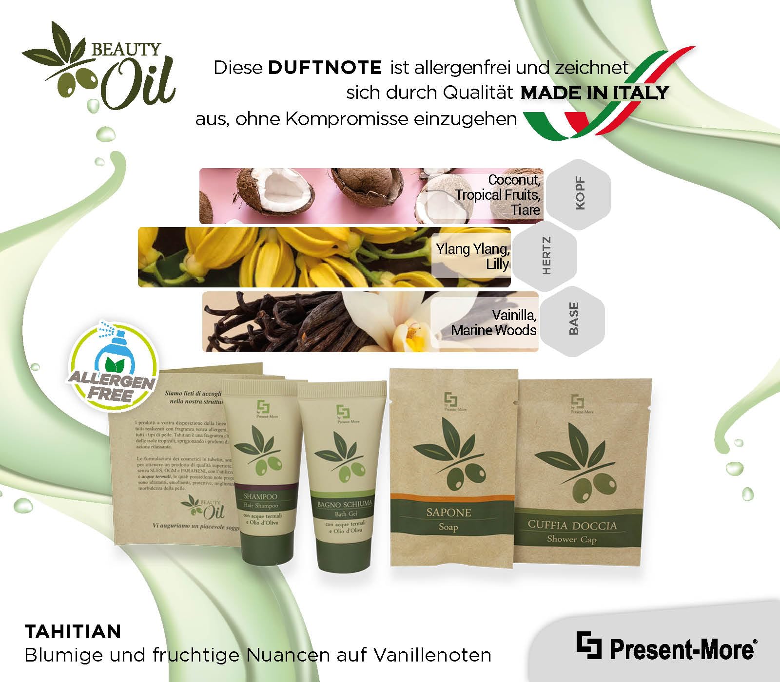 Present-More Amenities Kit Beauty Oil - Toilettenartikel 20 Gäste für Hotels und B&B | Allergenfreie Amenities Kit mit Duftnote Tahitian