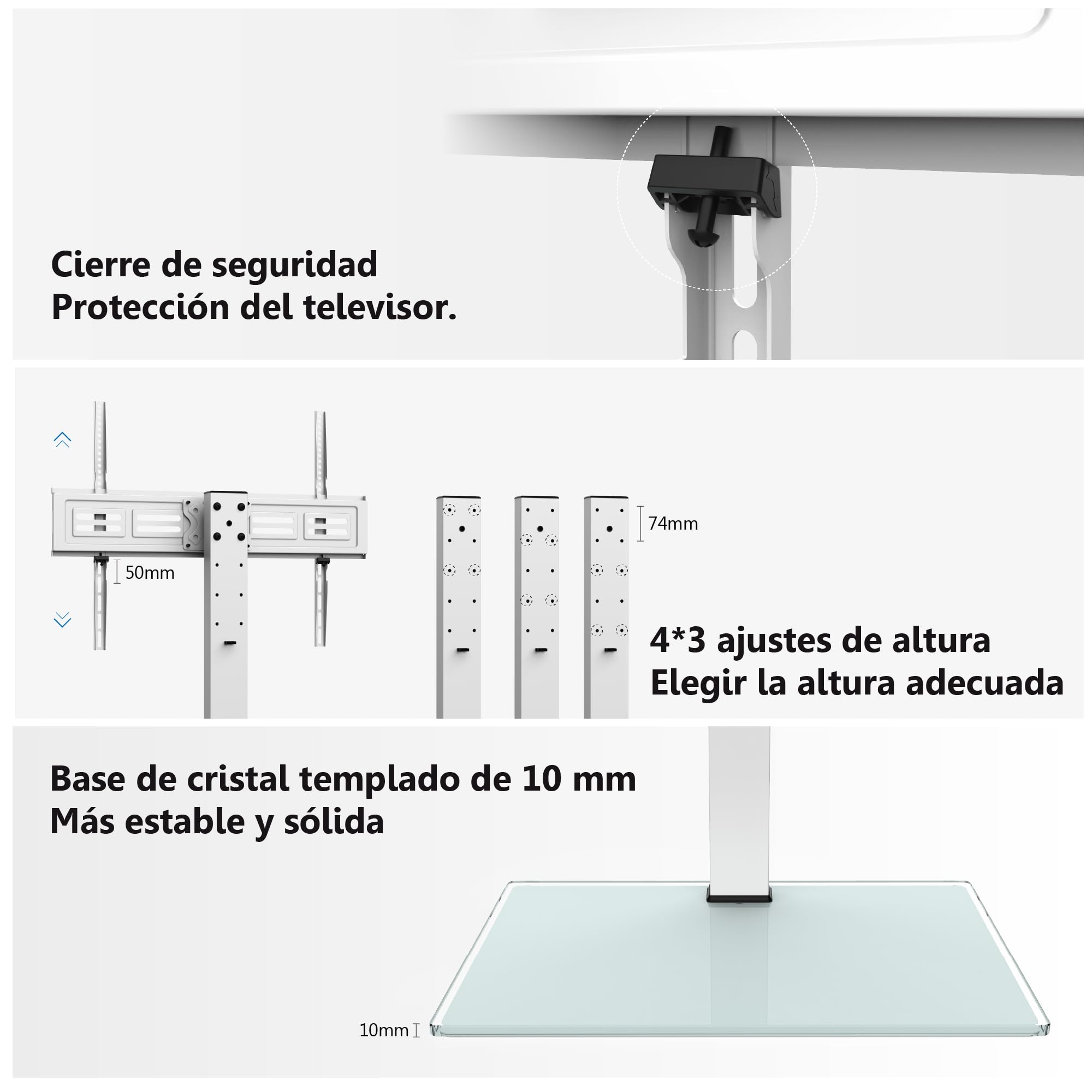 FITUEYES Soporte TV Pie Blanco para Pantalla de 50 a 85 Pulgadas hasta 50kg, Soporte TV Universal con Base de Crista, Altura Ajustable & Giratorio, MAX VESA 600x800mm Carga 50kg