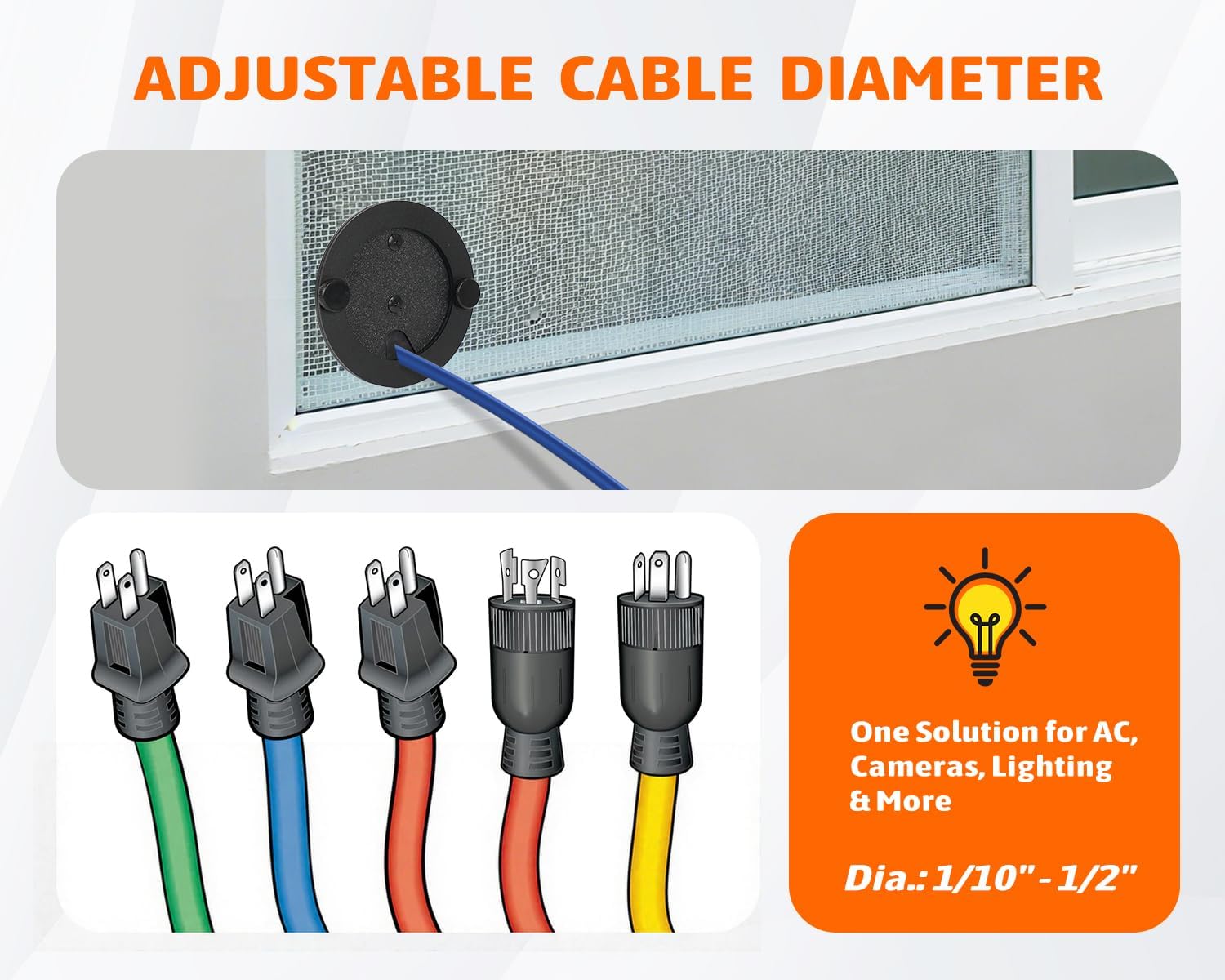 Window Screen Pass Through Attachment - Bring Inside Power Outside, for 1/10"-1/2" Cables or Hoses, Fits on Any Standard Window Screen, Dust Proof, for Rv, Pet Cameras, Various LED Lights
