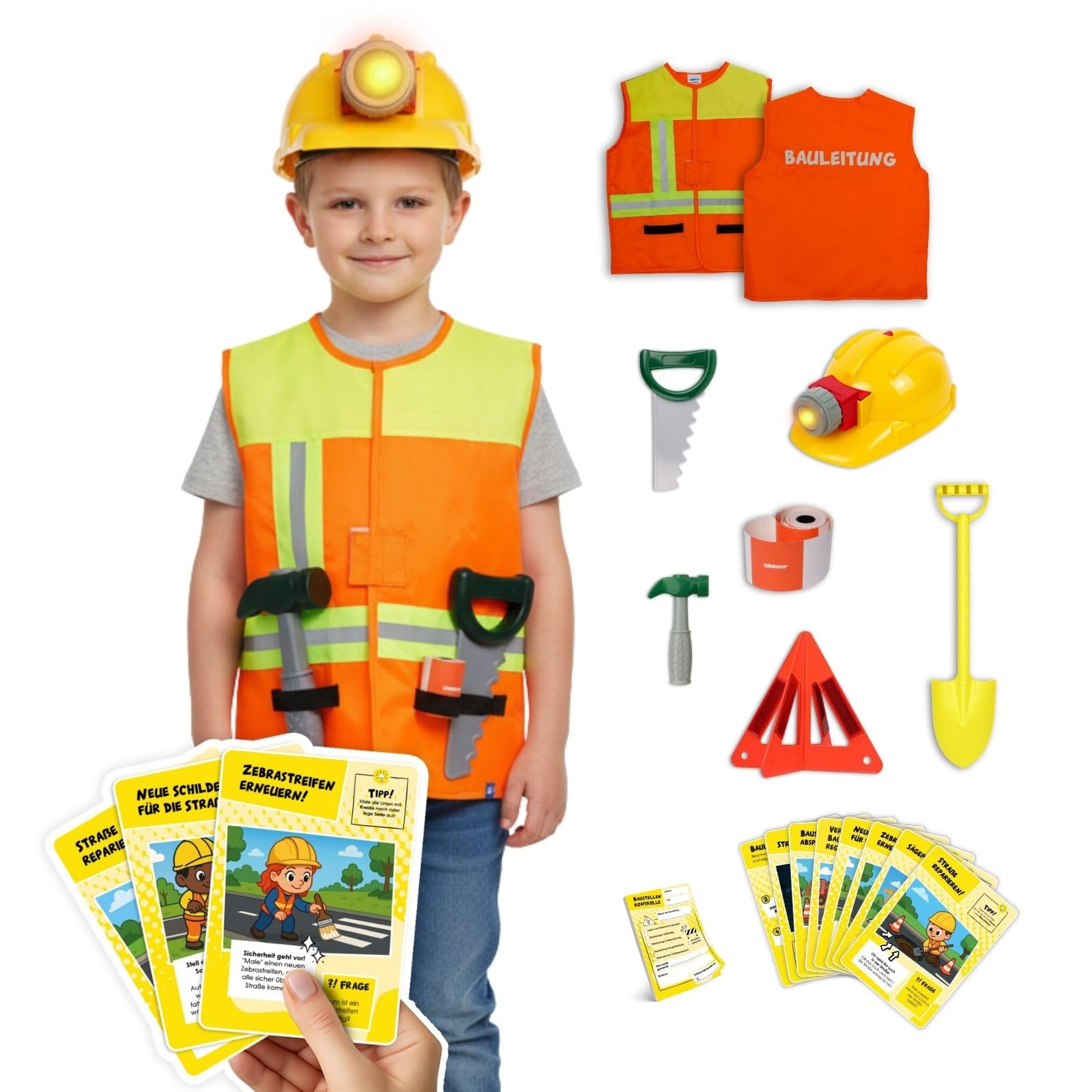 alldoro Rollenspielsets Feuerwehr/Polizei/Bauleiter, Kostüm mit Weste, Kopfbedeckung & Zubehör, inkl. Spielkarten, für Kinder ab 3 Jahren
