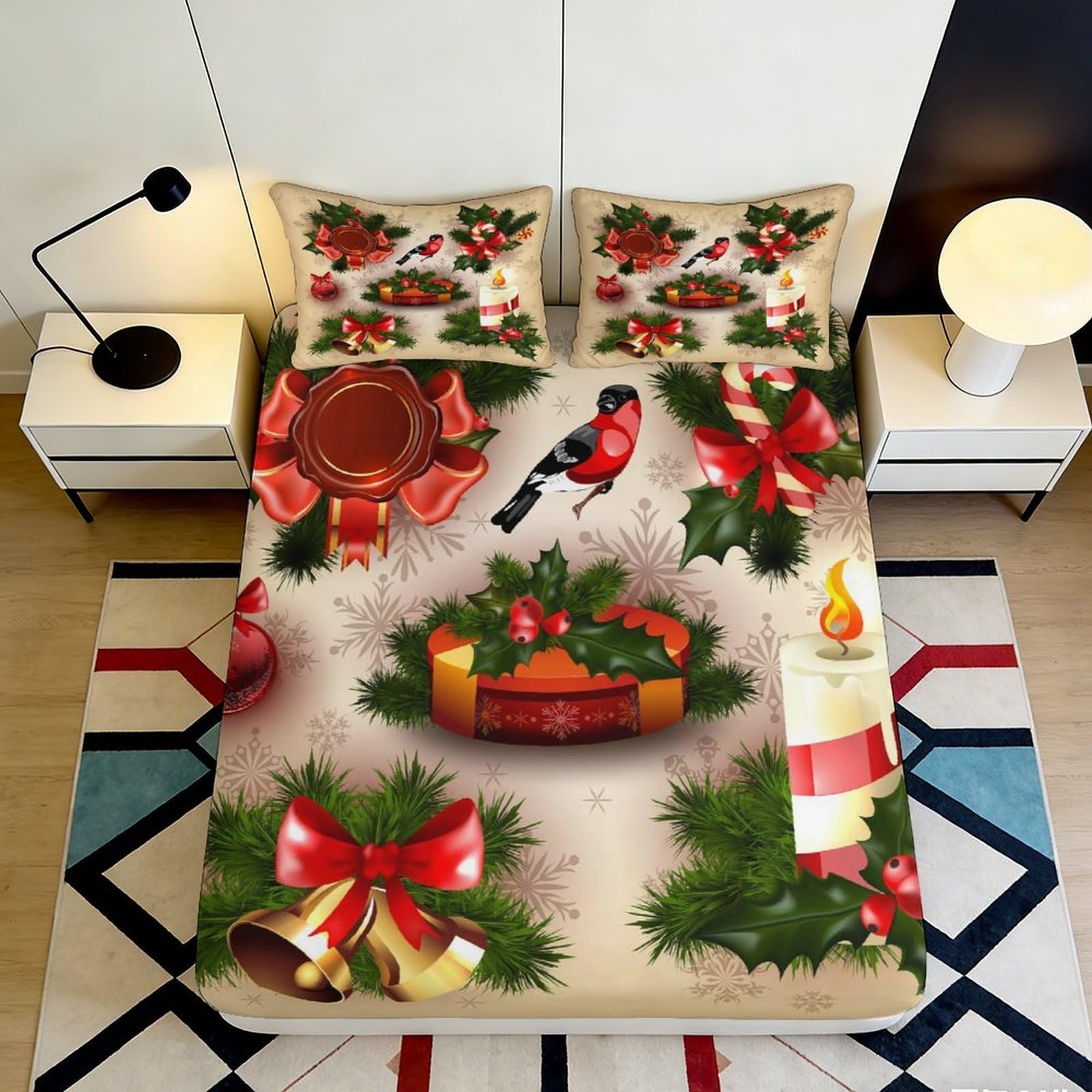 3D Printed Christmas Candle Fitted Sheet Microfiber Soft Festive Holly Mattress Cover for Bedroom Guest Room Decor 90x200x25cm