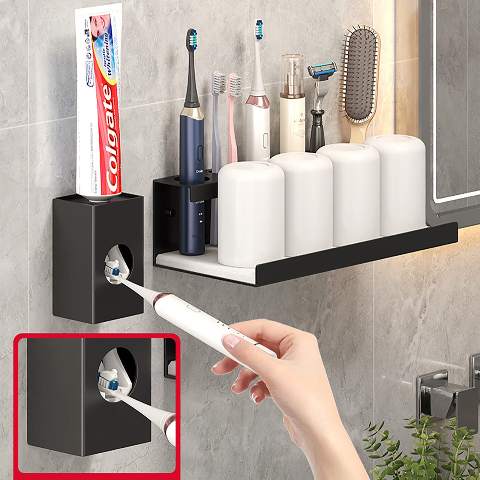 Porta Cepillo de Dientes, Soporte Cepillo de Dientes Eléctrico, Pared Estuche Cepillo Dientes con 4 Ranuras para Cepillos, Organizador Baño con Dispensador Pasta Dientes Negro