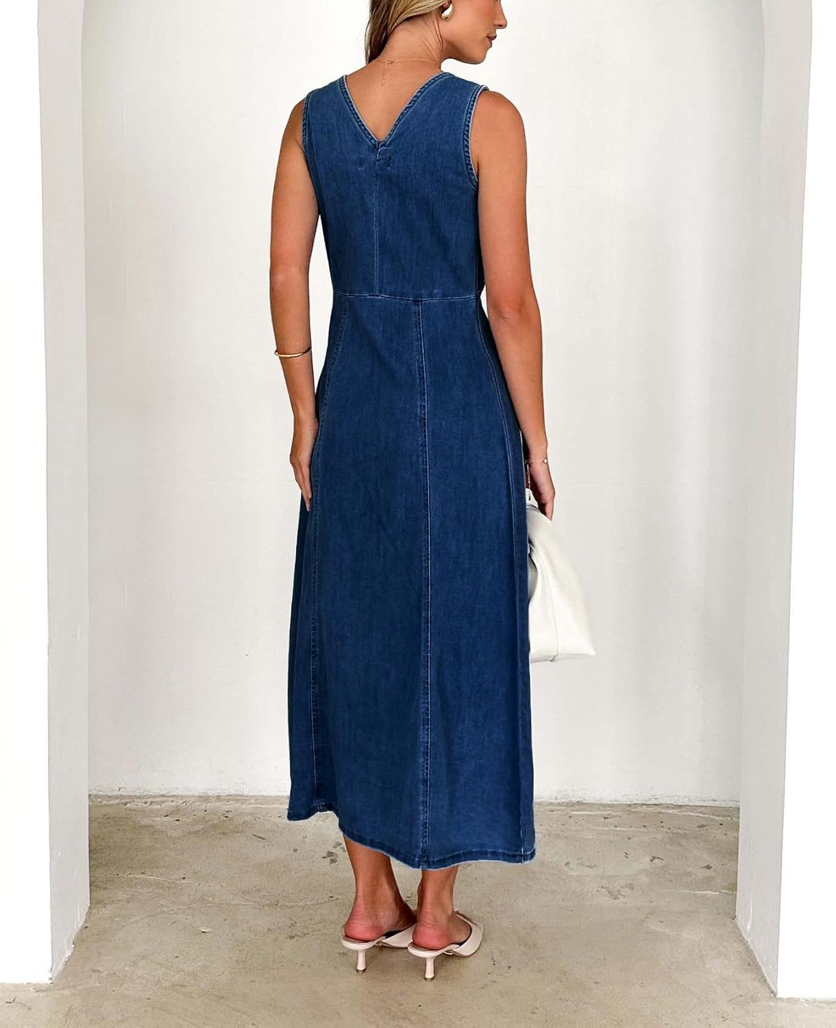 yoeasy Women's Summer Denim Dress Sleeveless V Neck High Waist Trendy Casual A Line Jean Maxi Dress - Image 4