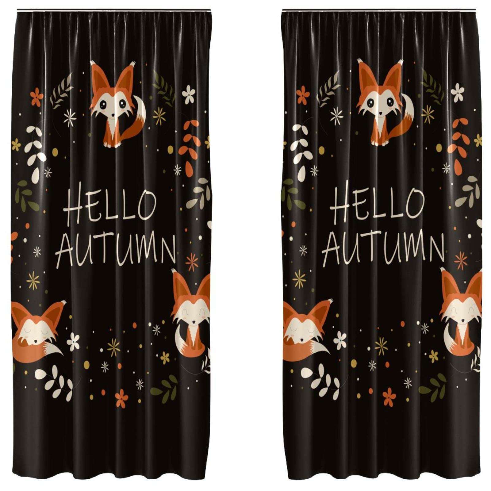 Cortinas decorativas Hola Otoño con zorritos en corona, juego de 2 paneles para ventanas