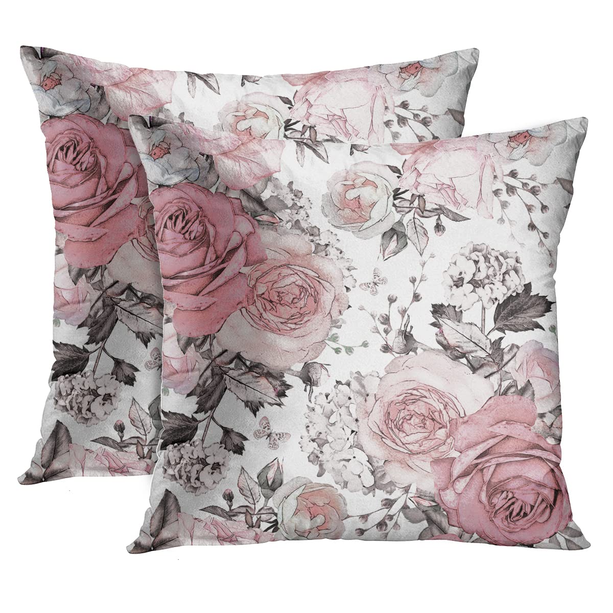Golee Throw Pillow Cover Gray Abstract with Pink Flowers and Leaves on White Watercolor Floral Pattern Rose in Pastel Color Decorative Pillow Case Home Decor Set of 2 Square 18x18 Inches Pillowcase