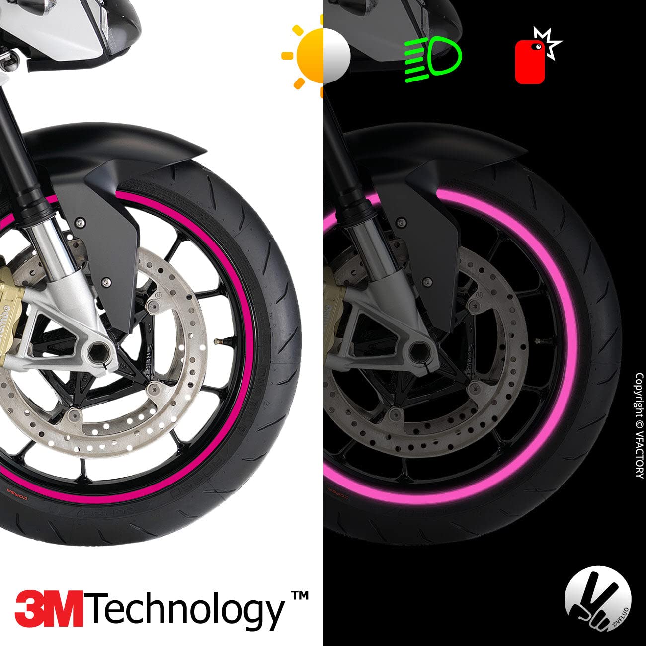 Motorcycle Wheel Decal VFLUO - Motorcycle GP Reflective Wheel Stripes Kit, 1 Wheel Rim Stickers Pack, 3M Technology™ - High Lateral Visibility - Discreet & Design - Easy Bike Rim Tape