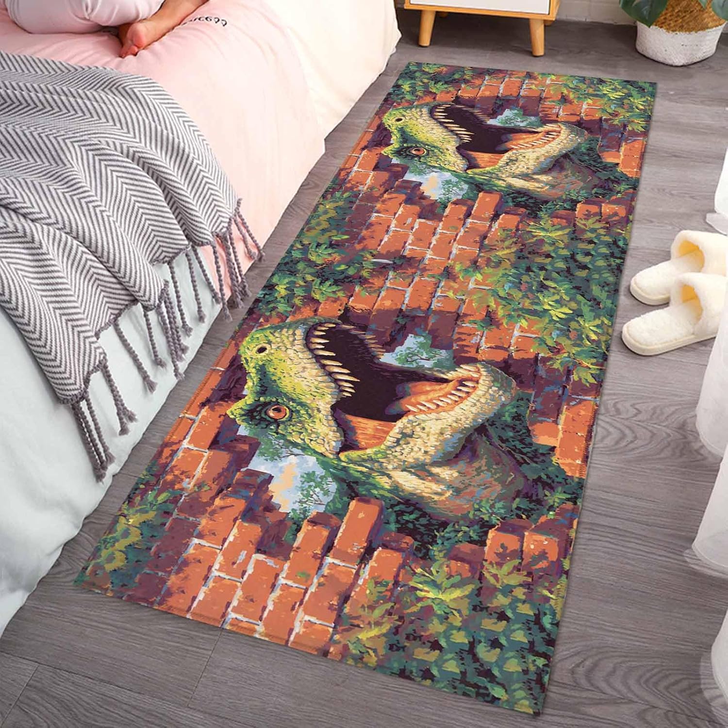 Teamery Kitchen Mats for Floor Abstract Dinosaur Brick Wall Green Leaves Washable Non Slip Kitchen Rugs 1PCS, Modern Art Absorbent Standing Mats for Sink Bathroom Office Living Room 15.7x47.2in