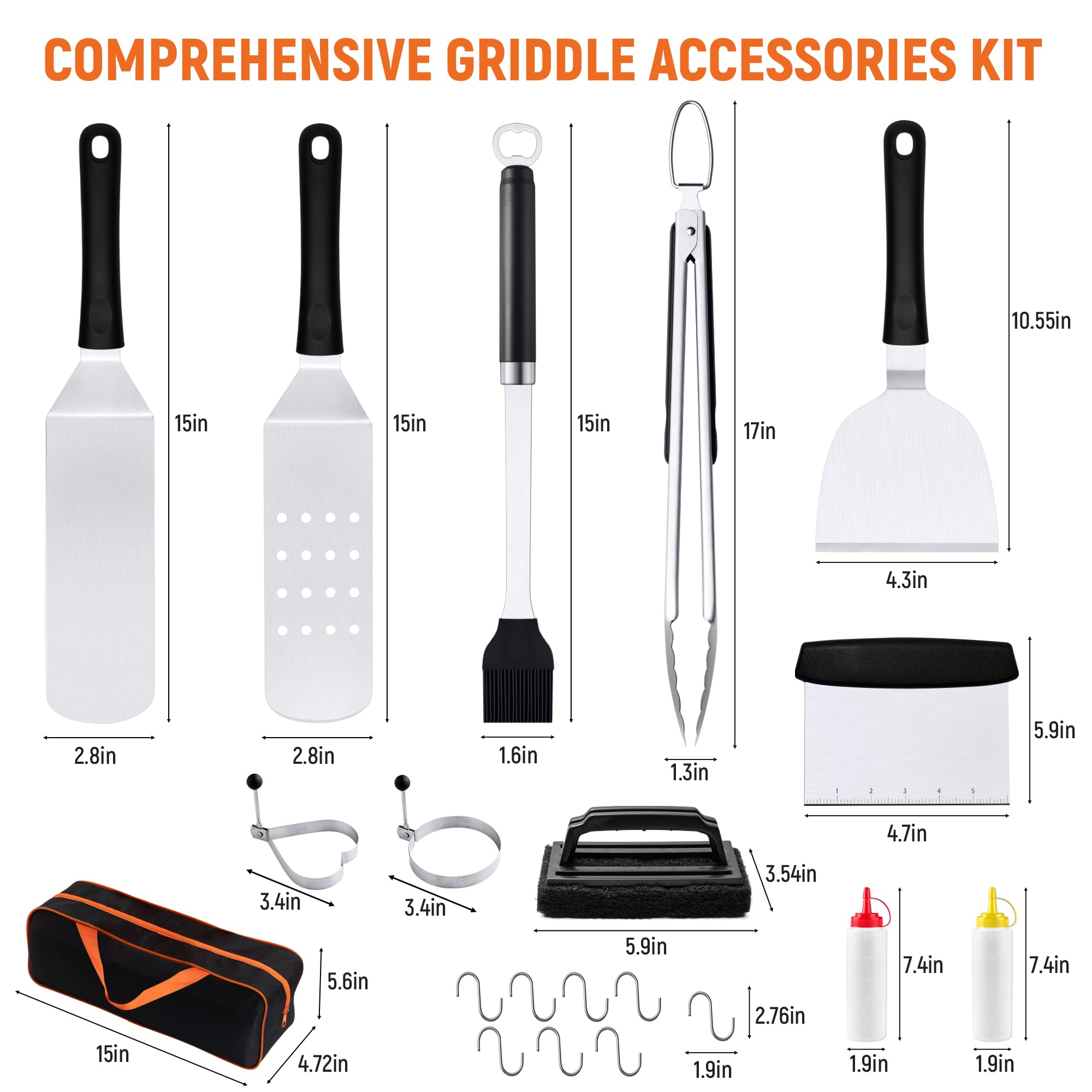 Kit de accesorios para plancha, juego de 20 espátulas de metal de acero inoxidable, juego de utensilios de espátula para barbacoa con bolsa de almacenamiento, juego de espátulas profesionales para