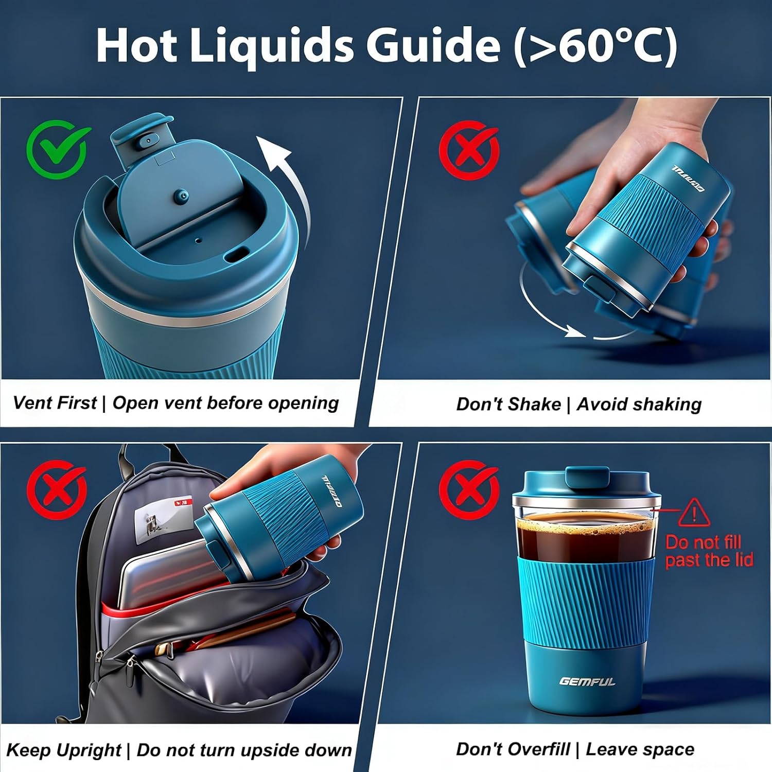 GEMFUL 17oz Travel Coffee Mug To Go Cup with Lid Stainless Steel Insulated Reusable Tumbler Leak Proof Coffee Lovers Gifts for Hot Cold Drinks Women Men Office Car (Blue) - Image 3