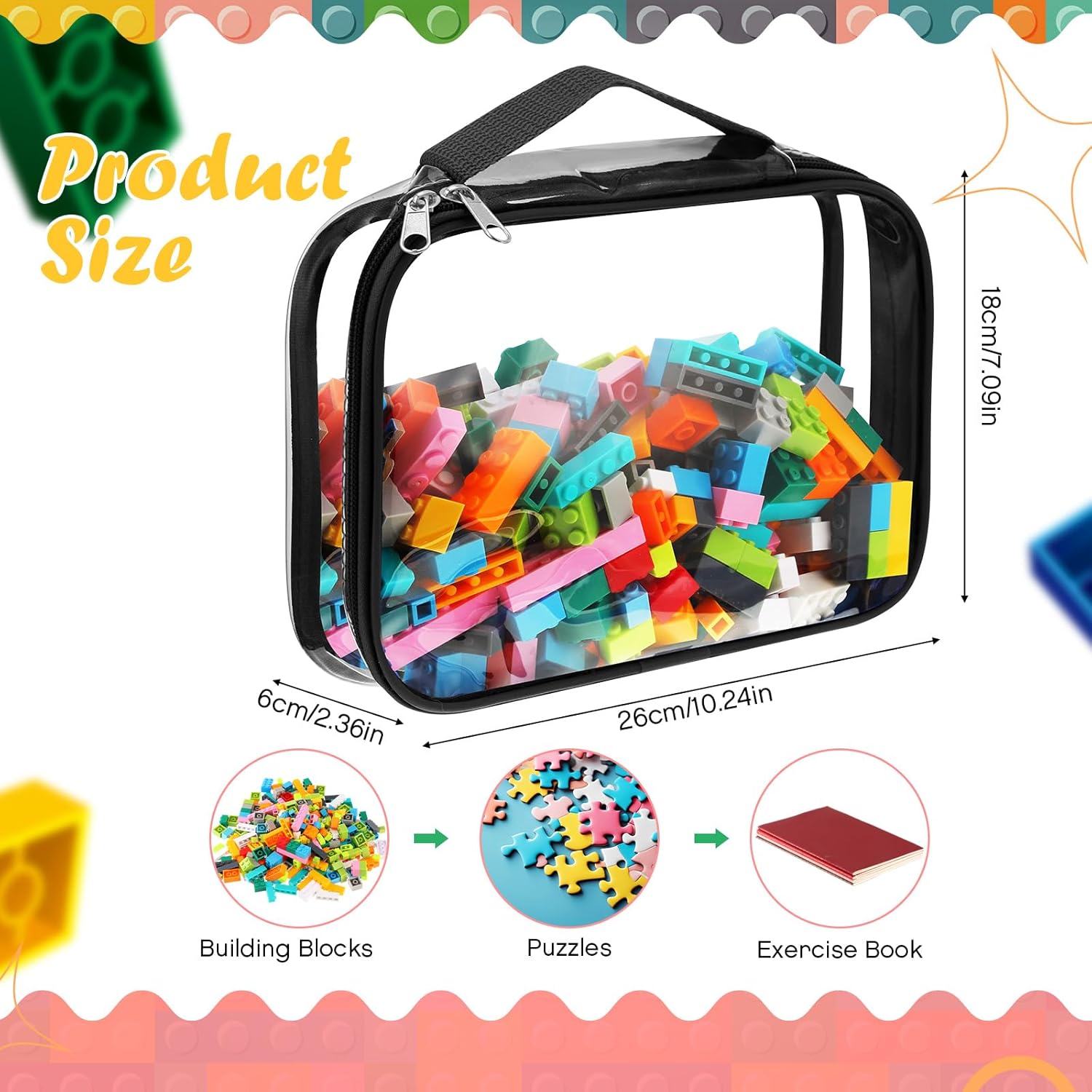 Sanwuta 3 Packs Toy Storage Bags with Zipper, Clear PVC Organizing Waterproof Toy Bags for Board Games, Building Blocks, and Kids Books(10.24 x 7.09 x 2.36 Inch,Black)