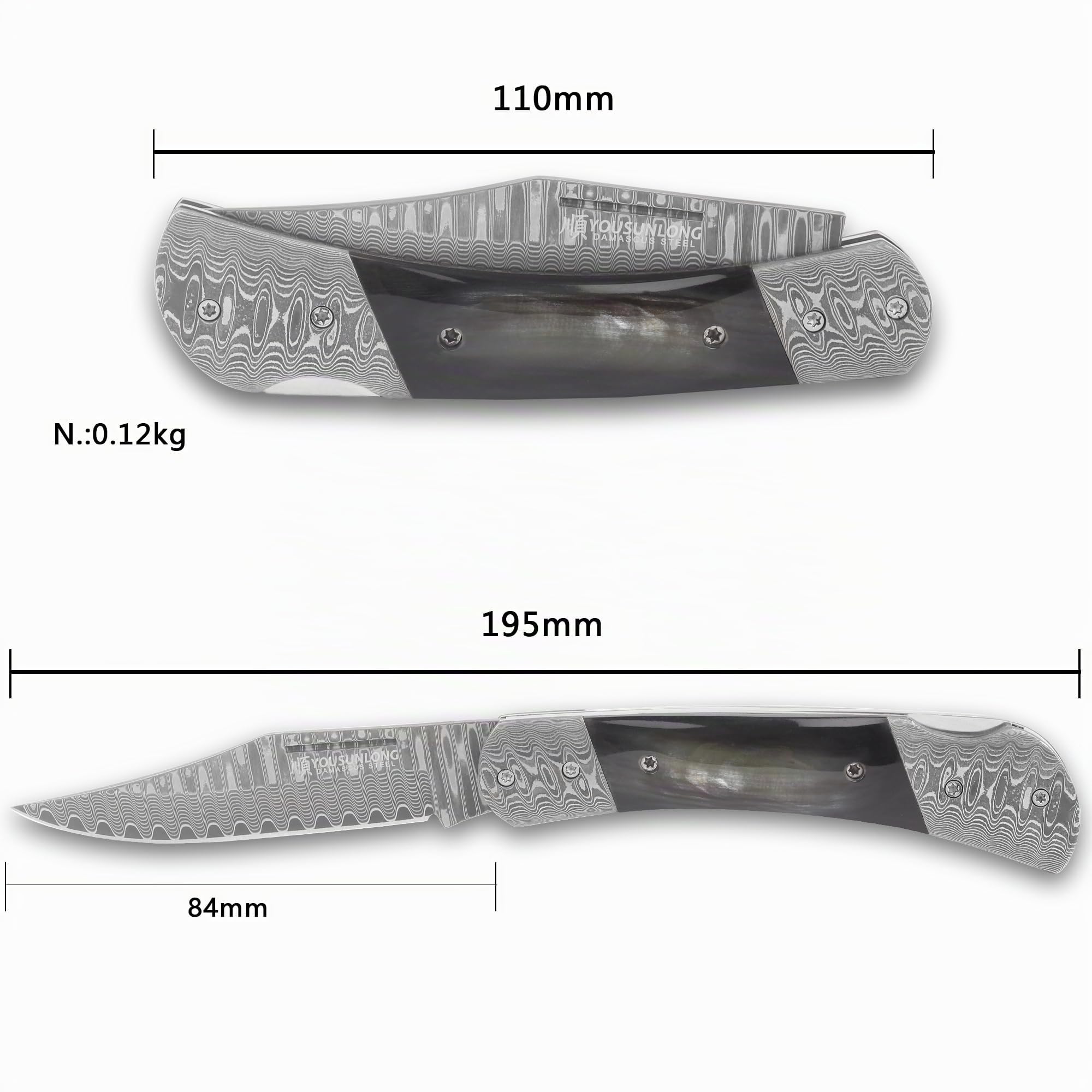 YOUSUNLONG Couteau pliant utilitaire 195 mm - Lame en acier Damas - Outil de poche pour usage quotidien et plein air