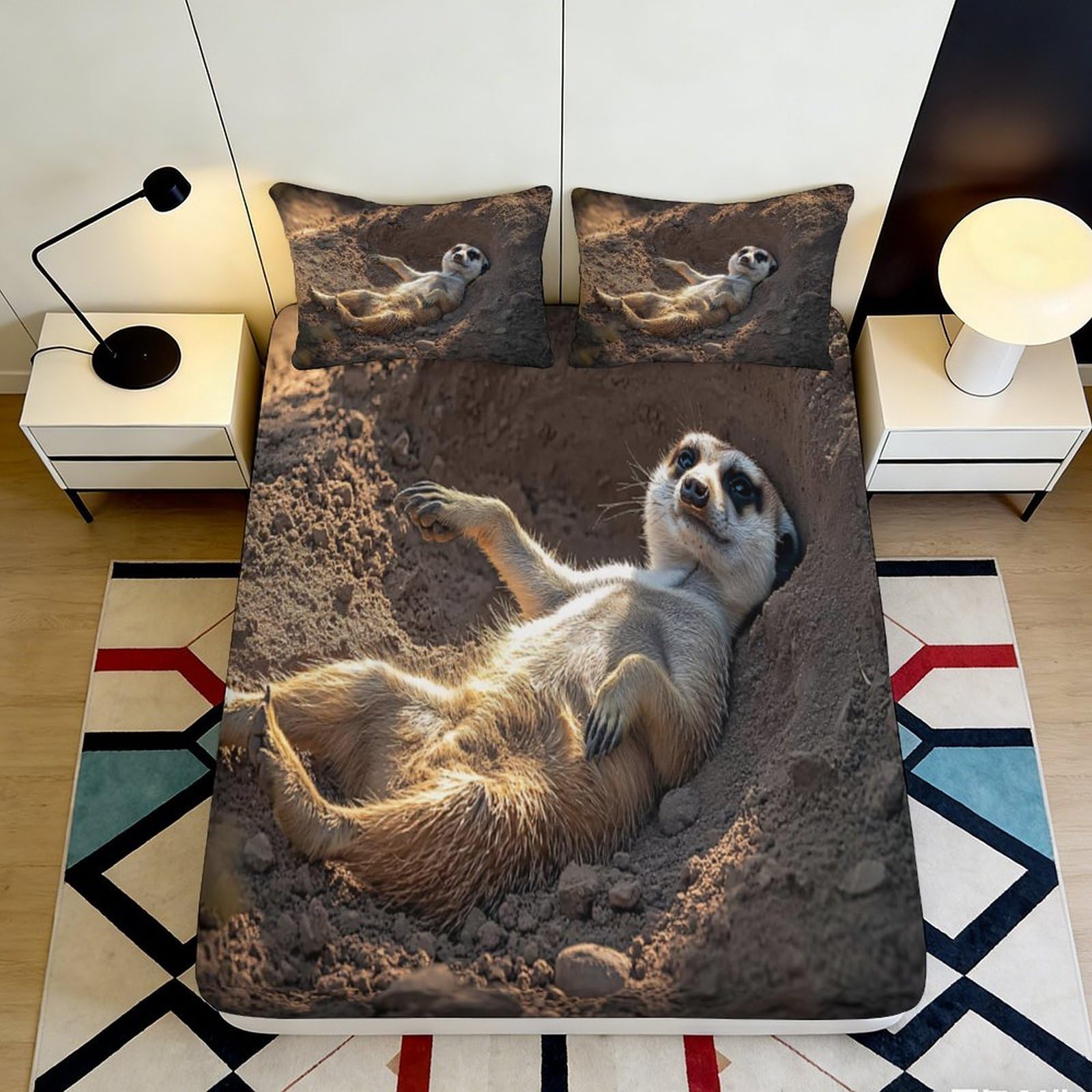 3D Printed Meerkat Desert Fitted Sheet Microfiber Soft Breathable Wildlife Bed Cover for Bedroom Dorm Mattress Protection Decor 90x200x25cm