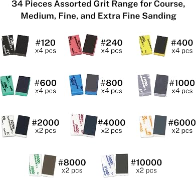 GodHand Kamiyasu Sanding Sponge Assortment Set Coarse Medium Fine 120, 240, 400, 600, 800, 1000, 2000, 4000, 6000, 8000, 10000 Grit 10mm Reusable Pack for Plastic Models 34 Pieces