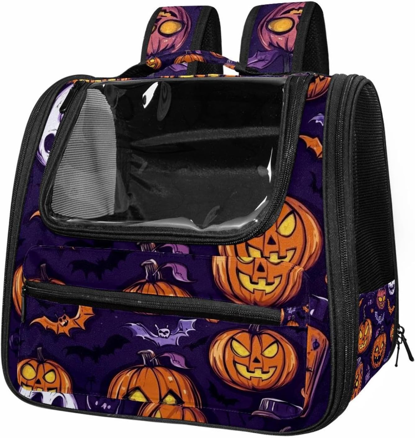 Portable Travel pet Backpack Carrier Hamster Bag Small Dog cat Carrier Breathable Hang Bag, Halloween Bats Candies Pumpkins