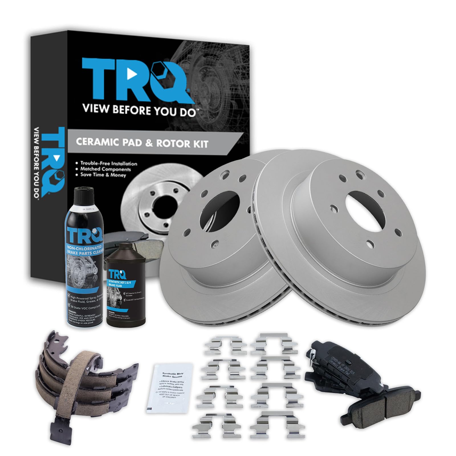 TRQ Rear Brake Pad &amp; Rotor Kit, with Chemical Kit Parking Brake Shoe Set Ceramic Premium G-Coated Compatible with 2011-2022 Nissan Leaf 2008-2013 Rogue 2014-2015 Rogue Select