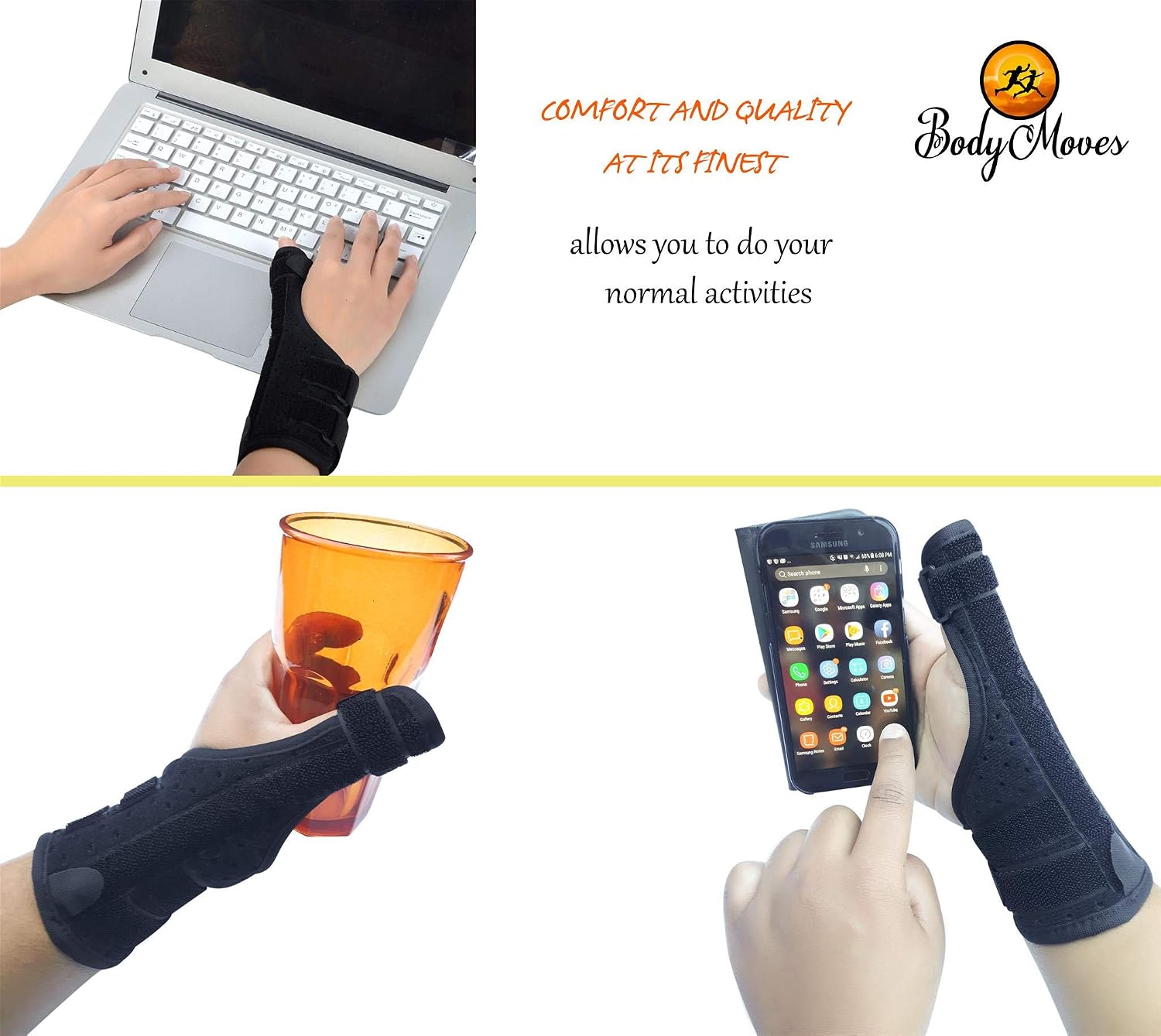 BodyMoves Thumb Splint Brace Plus Finger Hot and Cold Gel Pack- for de quervain's tenosynovitis, Tendonitis, Trigger Thumb spica,Carpal Tunnel, CMC Adjustable wrist and Reversible(Left and Right Hand)