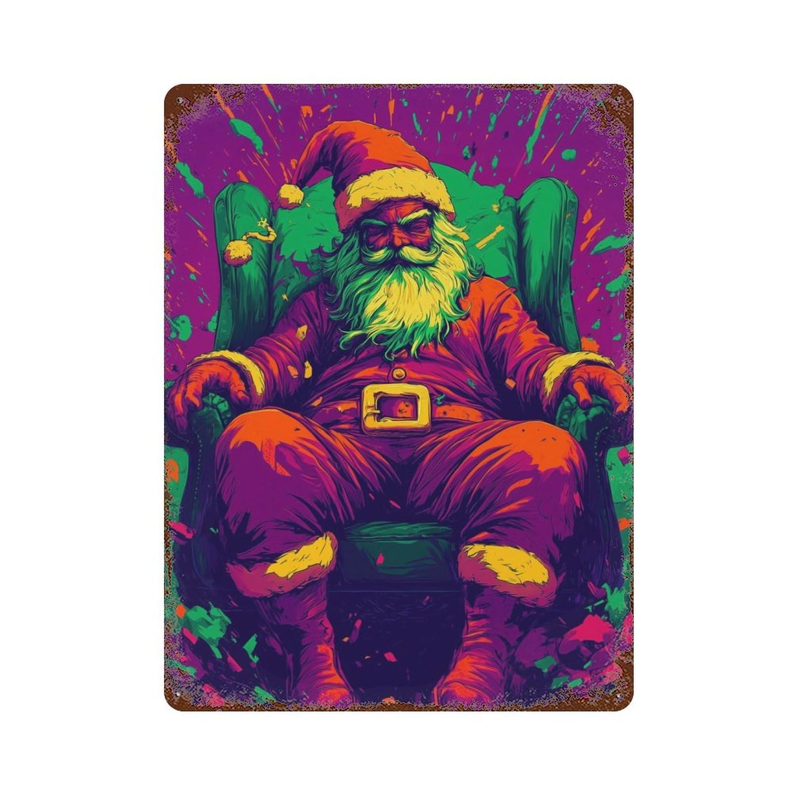 Santa Claus in A Chair 15.7"x11.8" Aged Metal Wall Plaque, Retro Wall Decor for Farmhouse, Kitchen And Entryway Decor