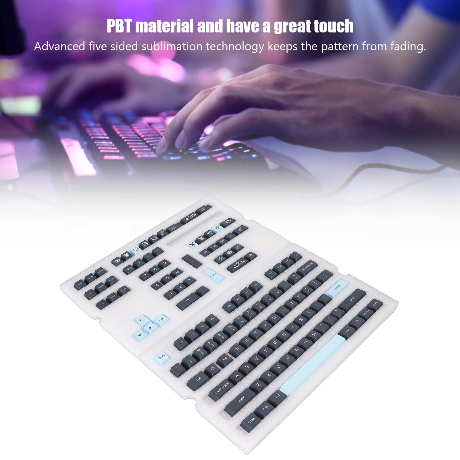 Set di 128 tasti per tastiera meccanica PBT, colori a contrasto, copritasti inglesi per giochi fai da te, design ergonomico con profilo ciliegia con tintura, leggende sublimate (Comets)