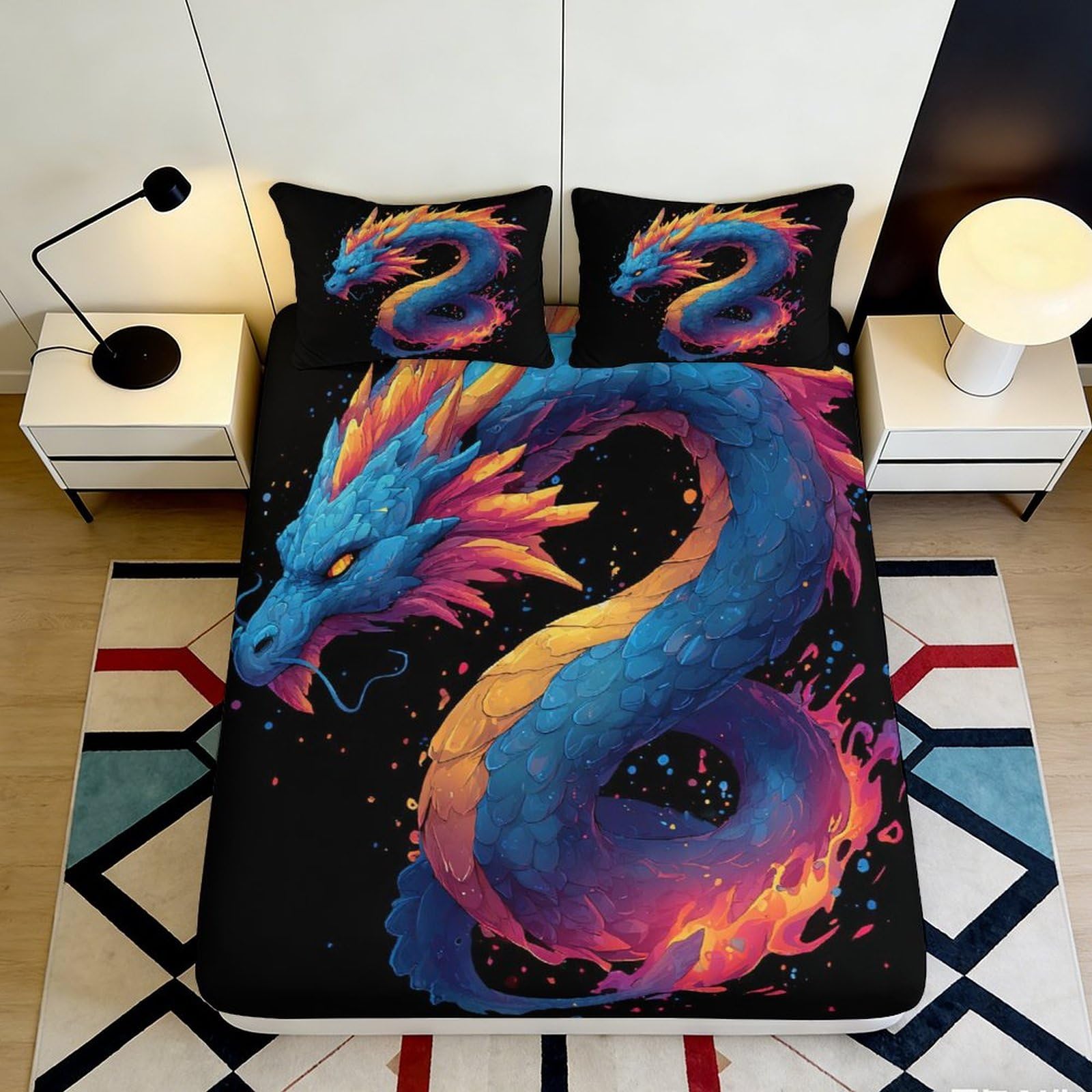 3D Printed Blue and Orange Dragon Fitted Sheet Microfiber Soft Durable 3D Printed Fire Dragon Bed Cover for Bedroom Dormitory Guest Room Mattress Protection 160x200x25cm