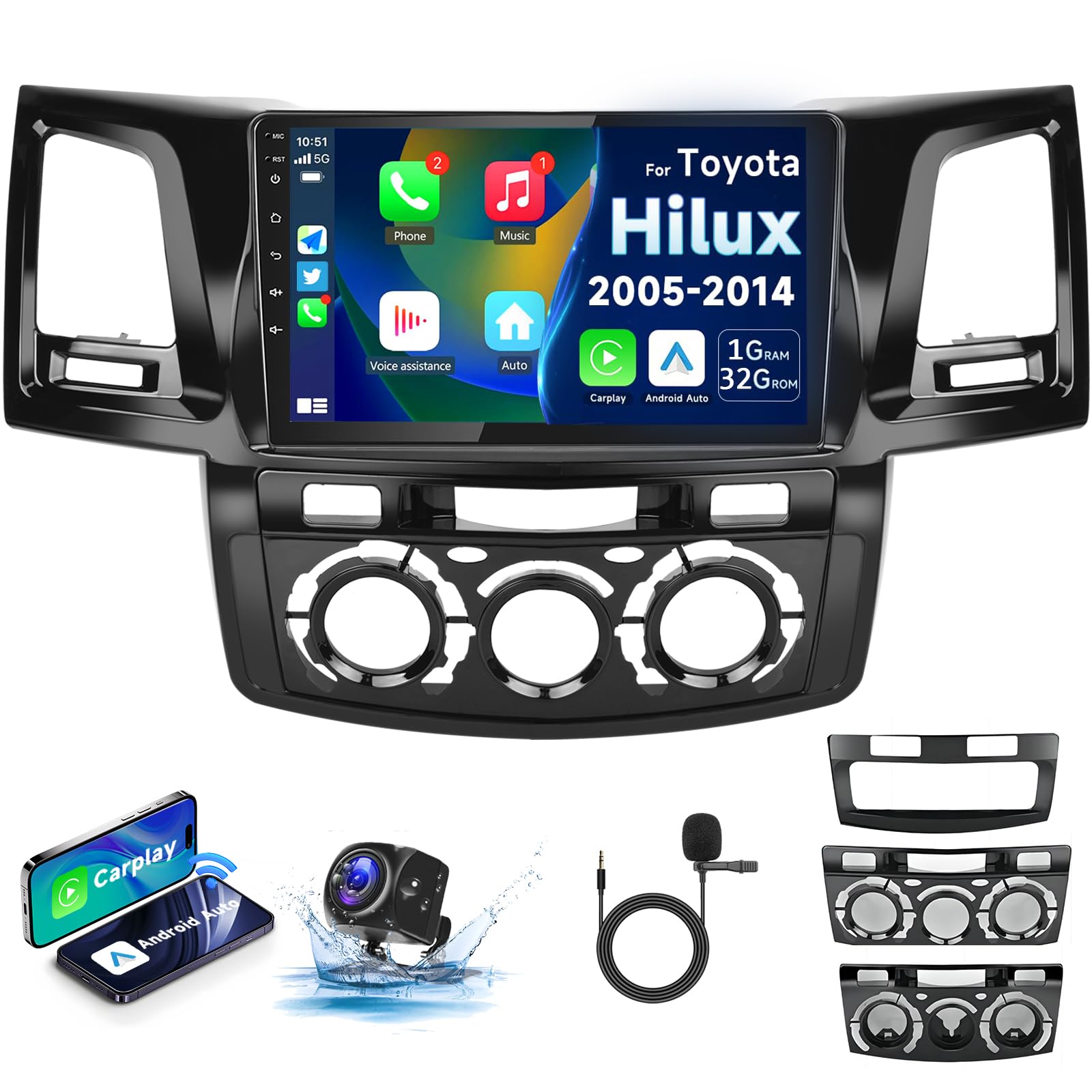 [4+64G] Car Stereo for Toyota Hilux 2005-2014 Wireless Carplay Android Auto,9" Touch Screen Radio, Android/GPS/WiFi/EQ DSP/UI/Bluetooth5.0/SWC/Backup