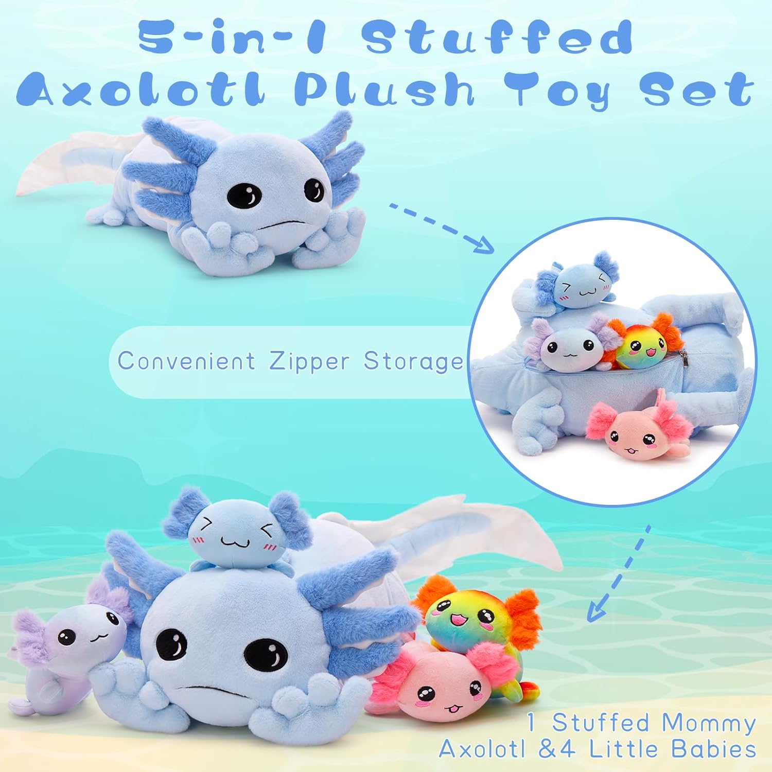 Tezituor Axolotl Plush with 4 Babies, 31.5" Cute Big Axolotl Stuffed Animals Luminous Axolotl Plushies Soft Toy Birthday Gifts for Girlfriends Kids,Blue(Glow in The Dark) - Image 3