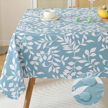 MATIRUG Heavy Duty Vinyl Tablecloth with Flannel Backed, Waterproof Oil-Proof Plastic Table Cloth, Wipeable Spill-Proof PVC Table Cover for Dinner Outdoor Picnic,Blue Leaf, 52x70 Inch Rectangle