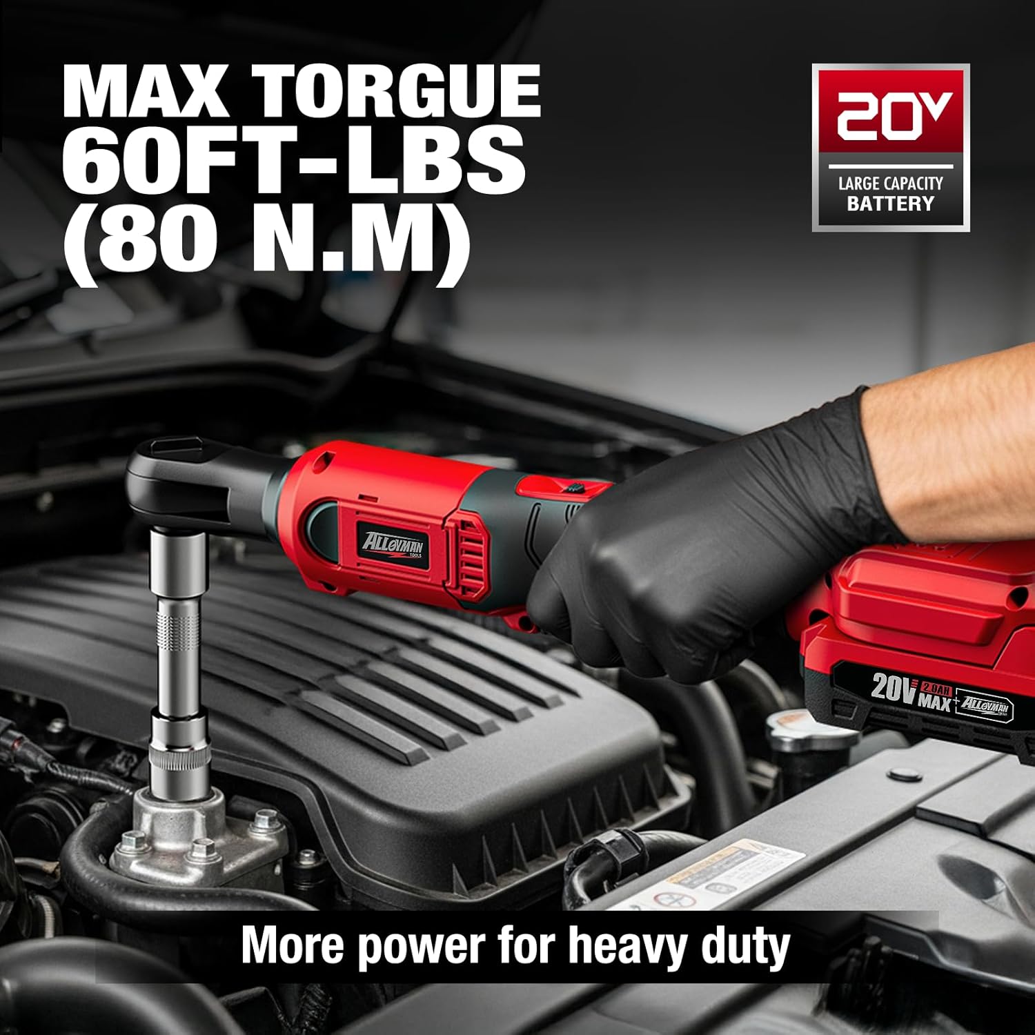 Alloyman 3/8" Cordless Ratchet Wrench Set, 60FT-LBS(80N.m) Electric Ratchet, 2 X 20V Chargeable Power Ratchet Wrench Set with Variable Speed, LED Light, 6 Sockets, 1/4" Adapter, 3" Extension Rod image 2 of 8 B0F5V4B29J