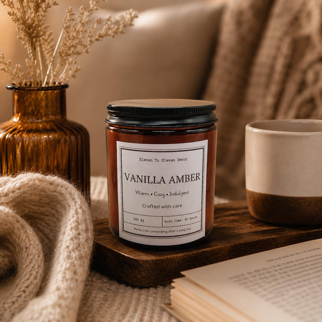 Handmade Soy Wax Scented Candle in Amber Glass Jar with Lid for Home Décor, Bedroom, Living Room & Gifting, Long Burning Aromatherapy Candle (100, Vanilla Am)-image-10