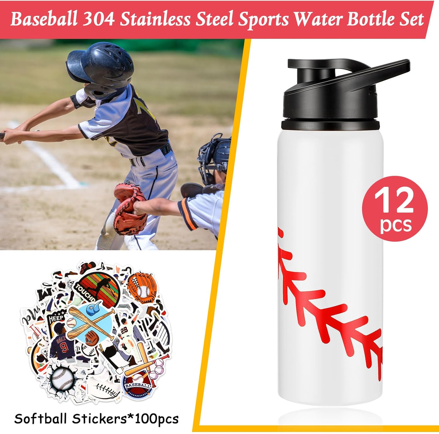 Gerrii 12 Pcs Baseball Water Bottles Bulk 20 oz Snap Lid Reusable Bottles 100 Pcs Stickers Helmet Award Decals Gift Stuff (Stainless Steel, Baseball Style) - Image 2