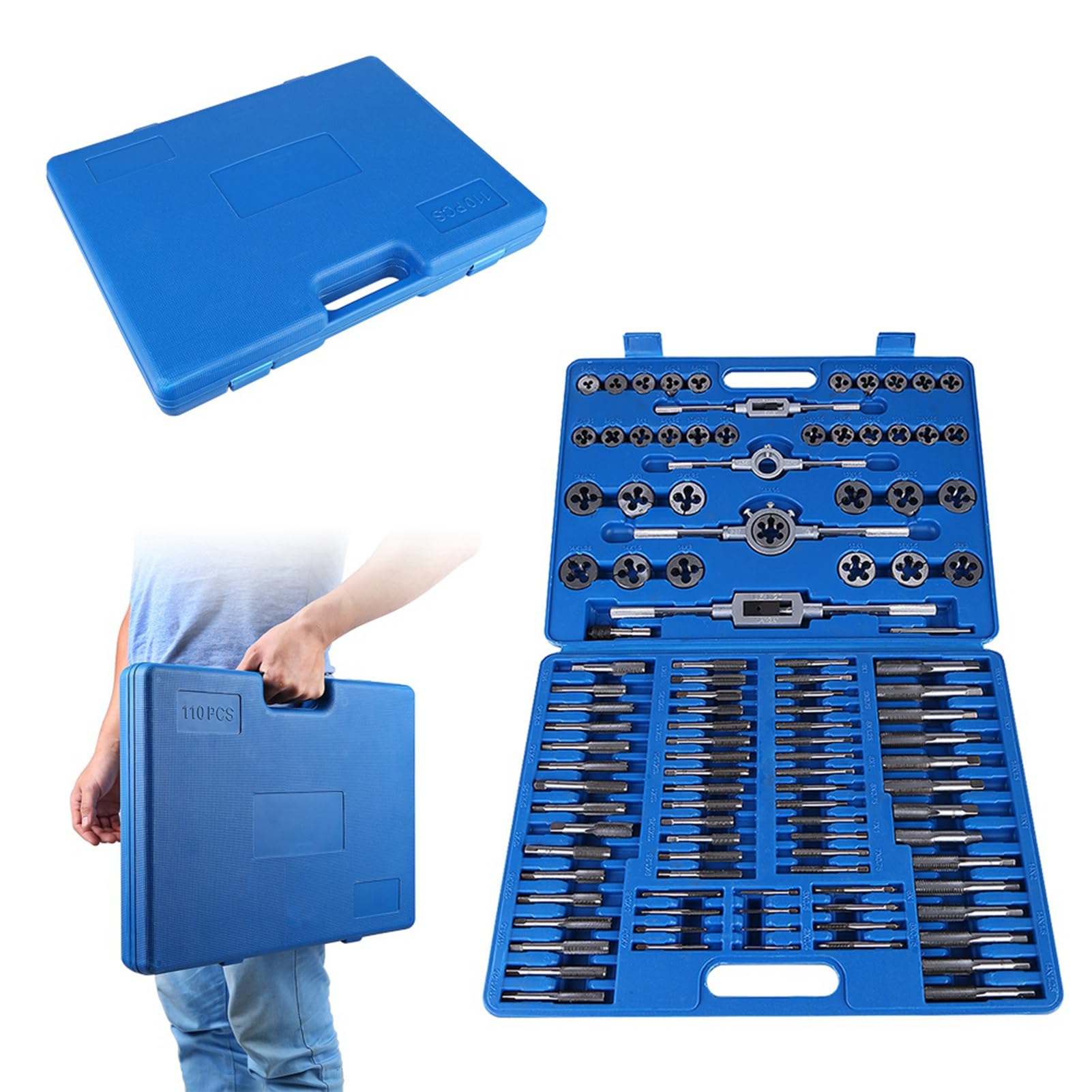 FTVOGUE Set di Maschi e Filiere Kit di Filettatura in Acciaio Al Carbonio 110 Pezzi con 35 Filiere 70 Maschi e 5 Chiavi per Maschiatura Manuale Riparazione Filetti Officina Meccanica Manutenzione