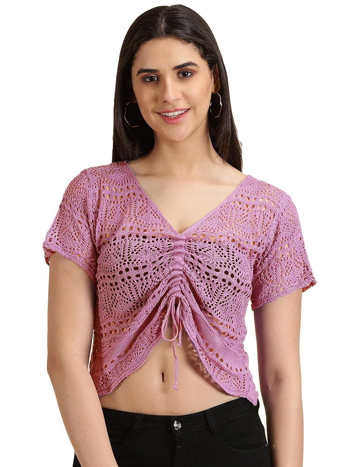 ICWWomen's Korean Style Knitted Transparent Crochet Hollow Out Mesh Crop Top T-Shirt (One Size Fit XS-S-M)